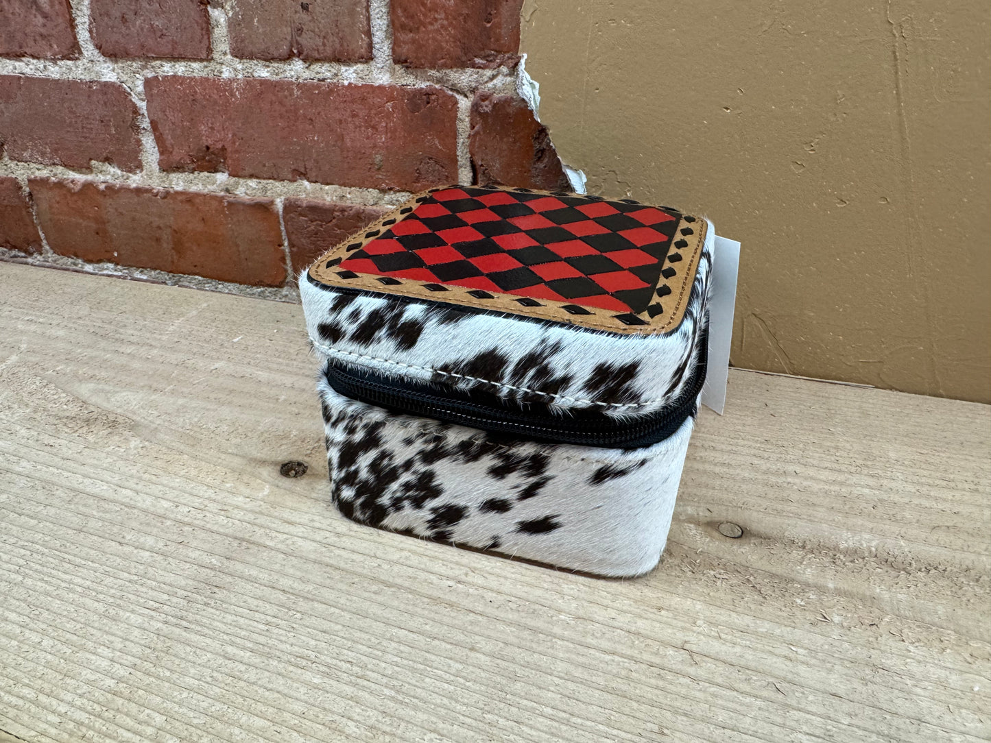 Black and Red Checkered Painted Leather and Cowhide Small Square Jewelry Box
