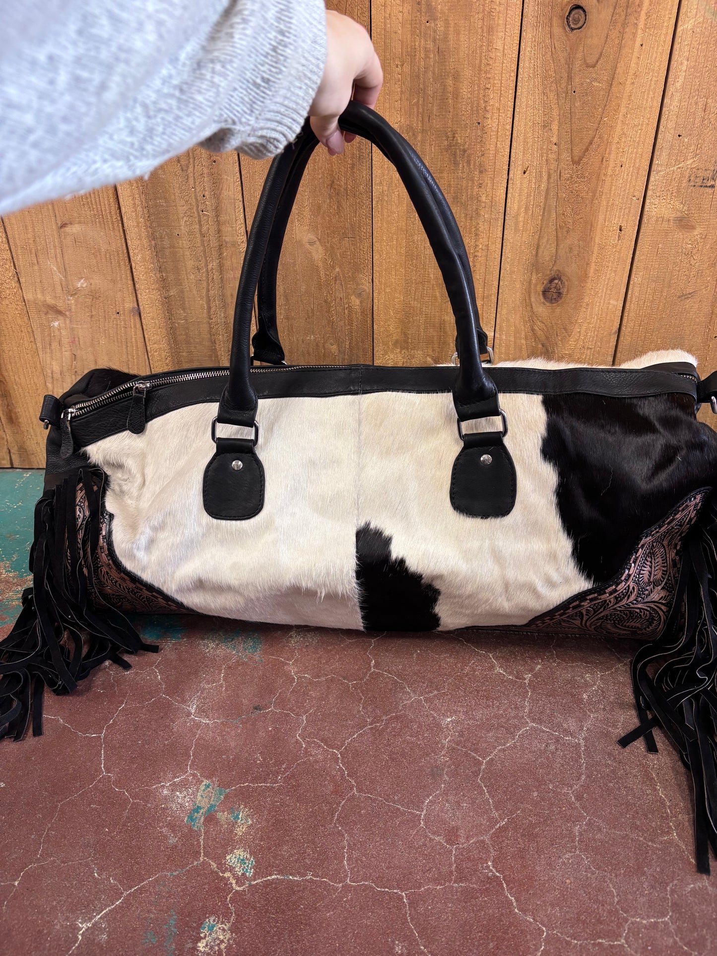 Black And White Cowhide Fringed Leather Duffle Bag