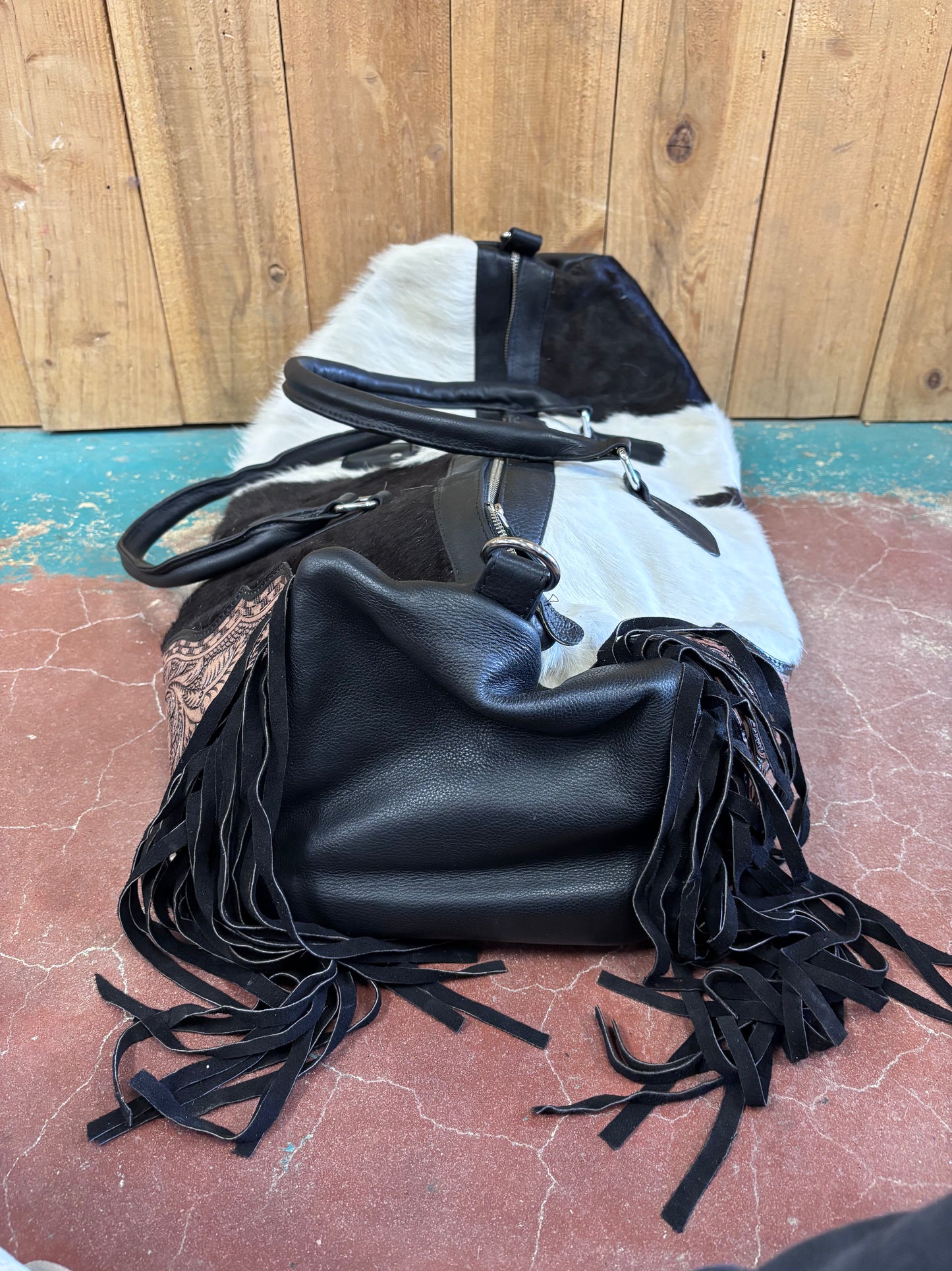 Black And White Cowhide Fringed Leather Duffle Bag