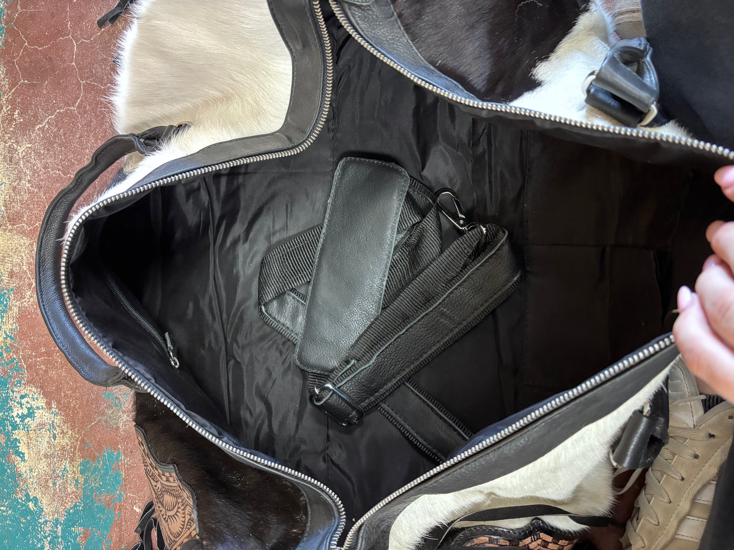 Black And White Cowhide Fringed Leather Duffle Bag