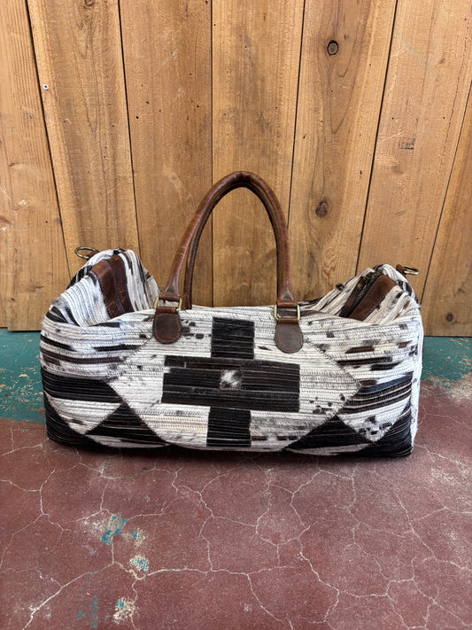 White and Black Cross Patterned Cowhide Duffle Bag