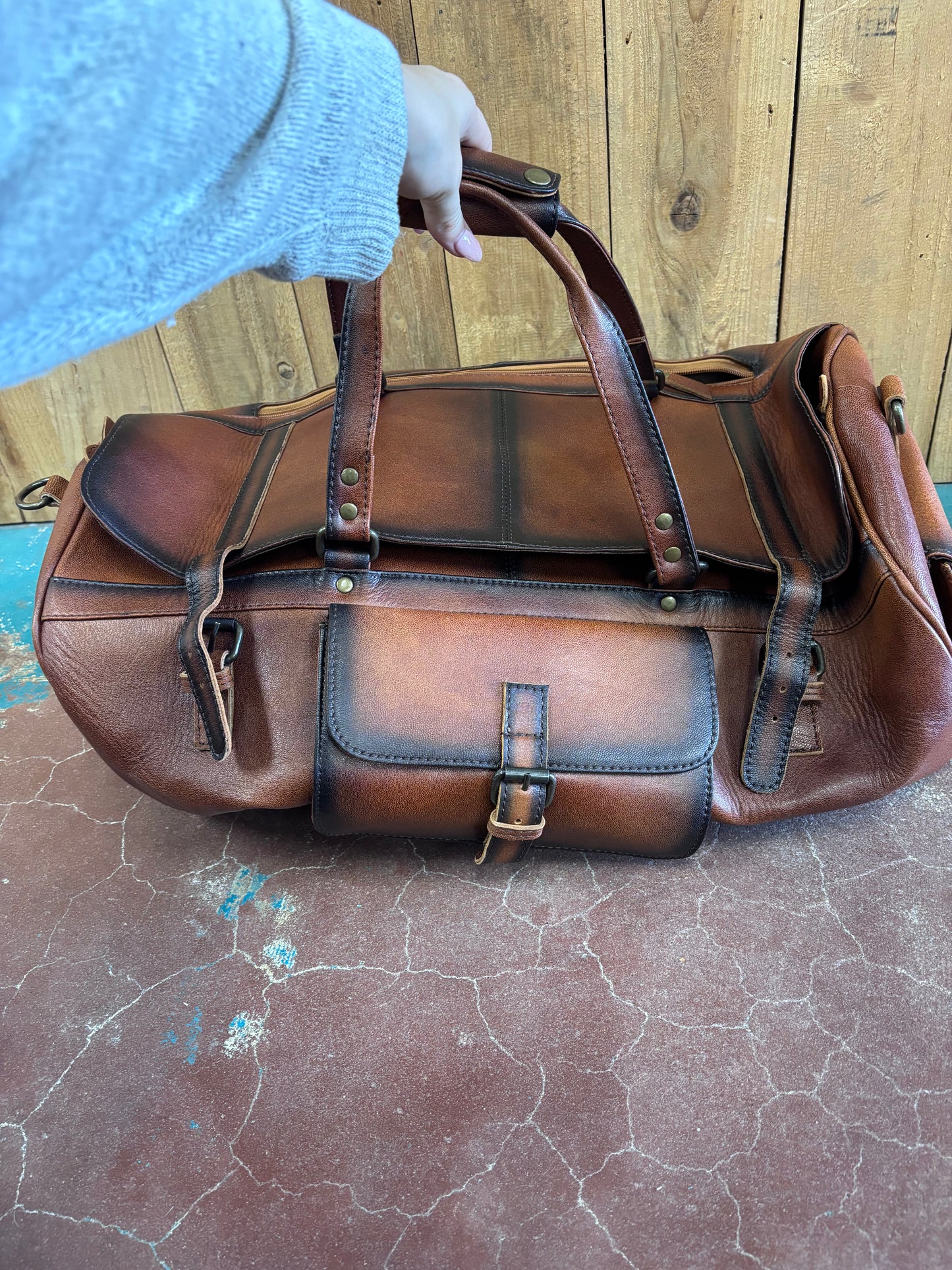 Brown Leather Burnt Black Edges Duffle Bag