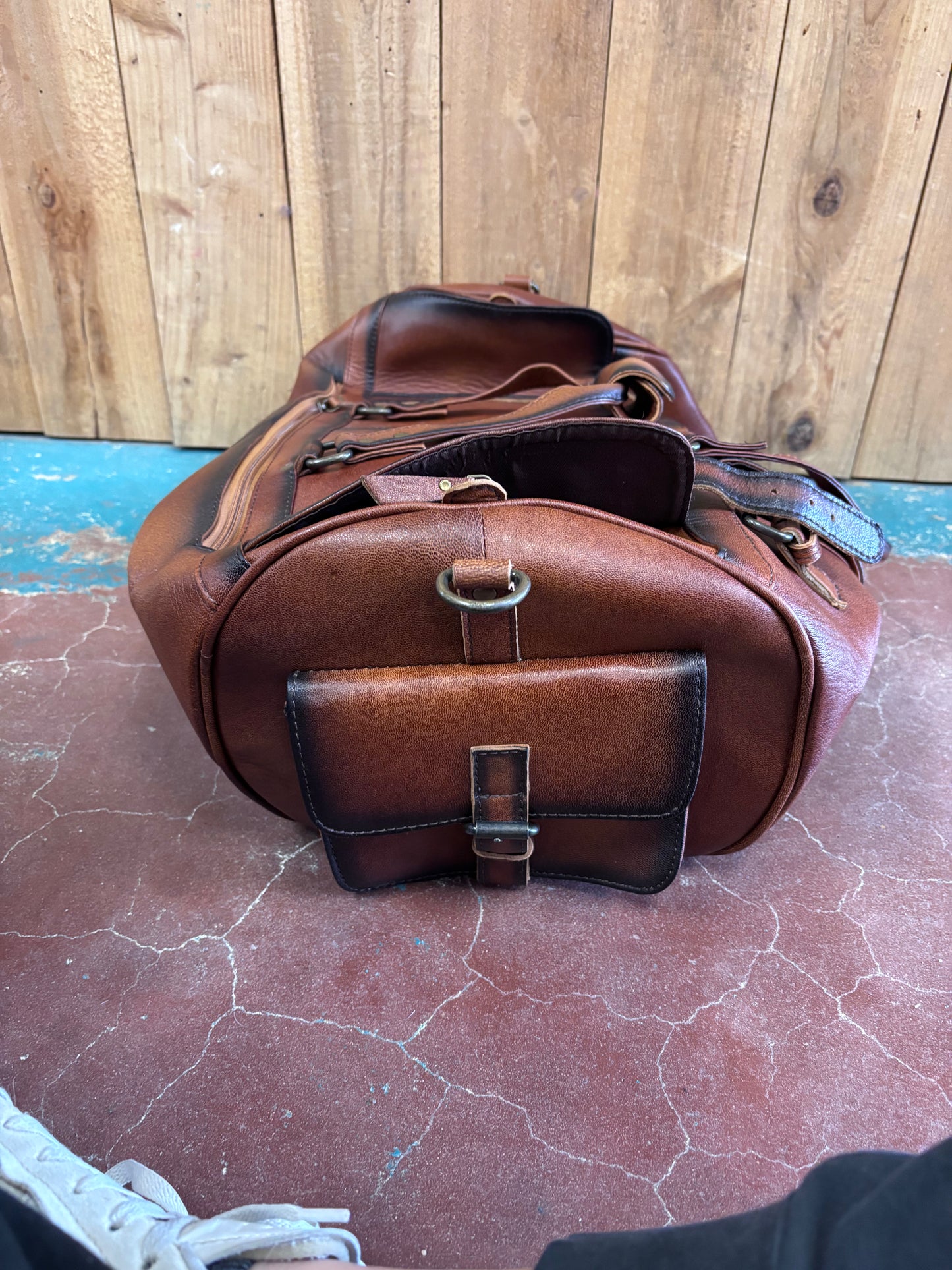 Brown Leather Burnt Black Edges Duffle Bag