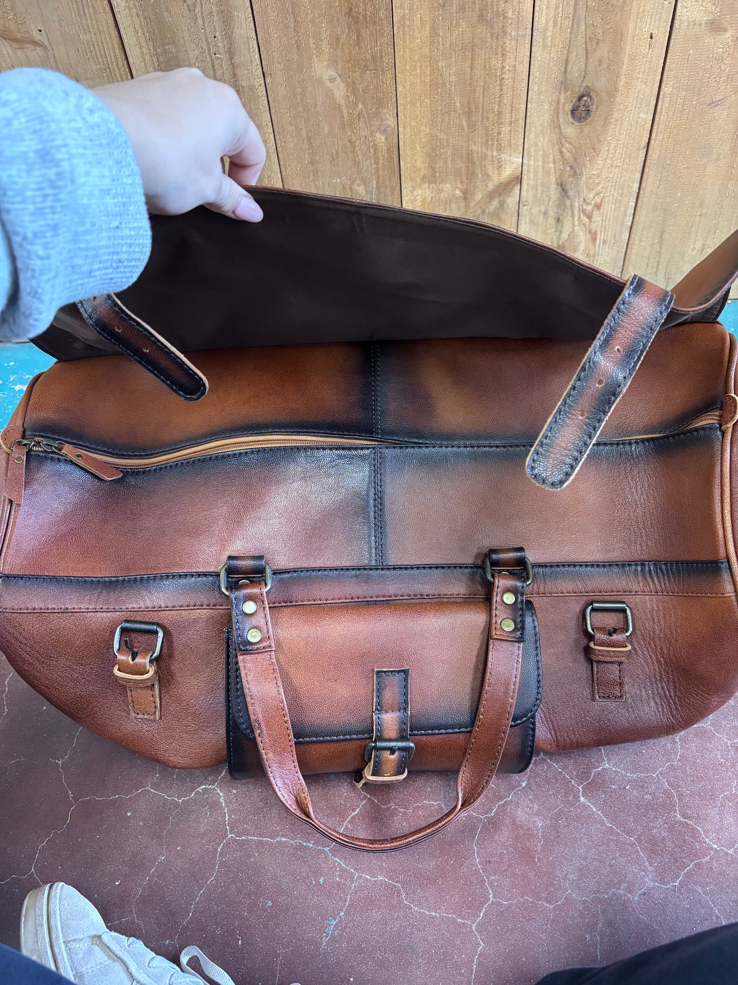 Brown Leather Burnt Black Edges Duffle Bag