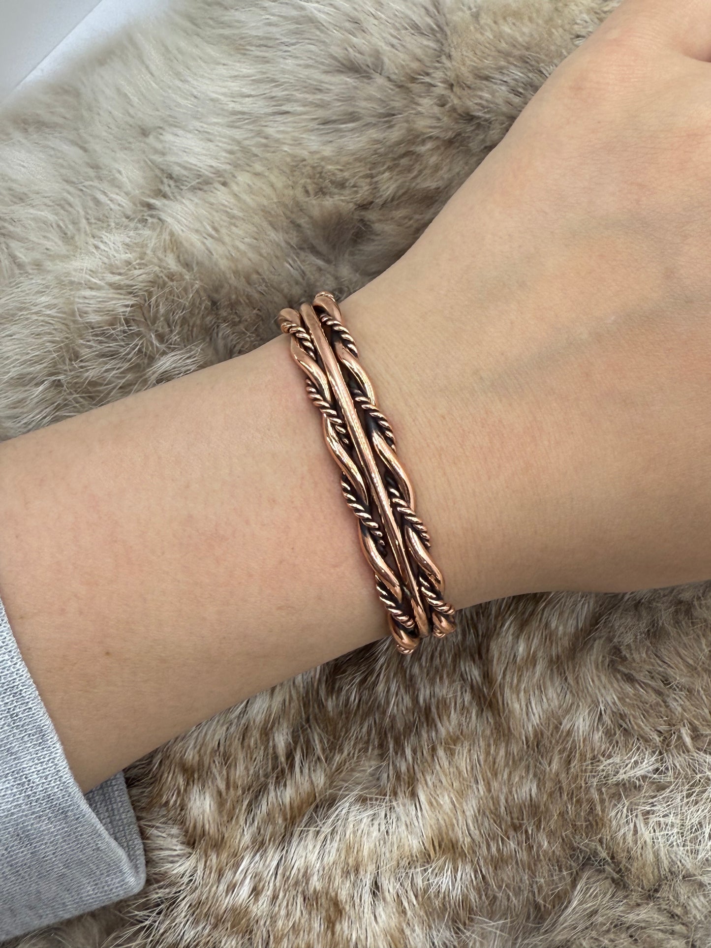5" - 6.75" 3 Row Twisted Wire Copper Cuff by Elaine Tahe, Navajo