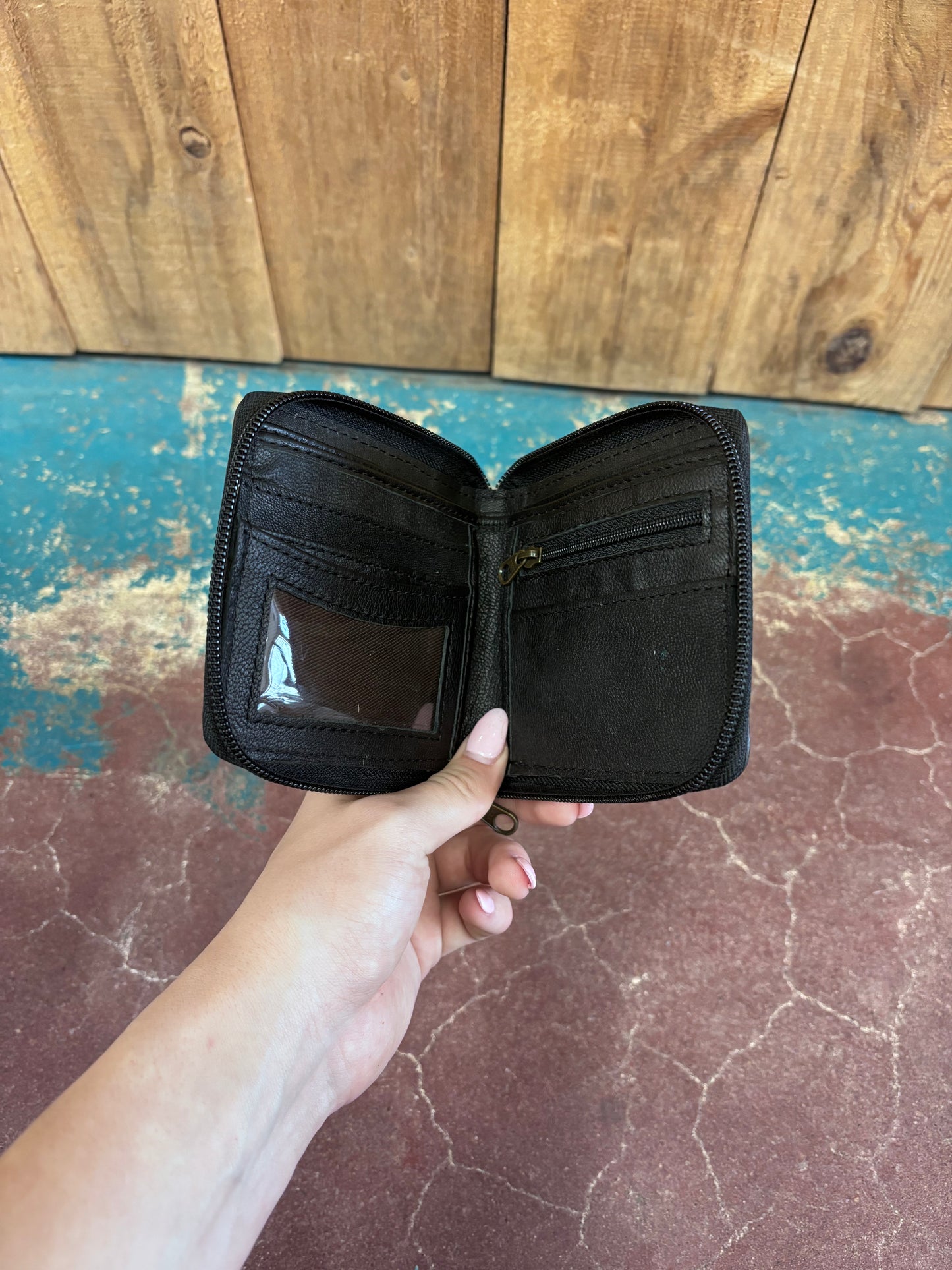 Turquoise and White Checkered Leather Wristlet/Wallet