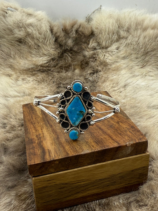 5.75" - 7.25" Kingman Blue Turquoise Bracelet by Alice R. Sanders, Navajo