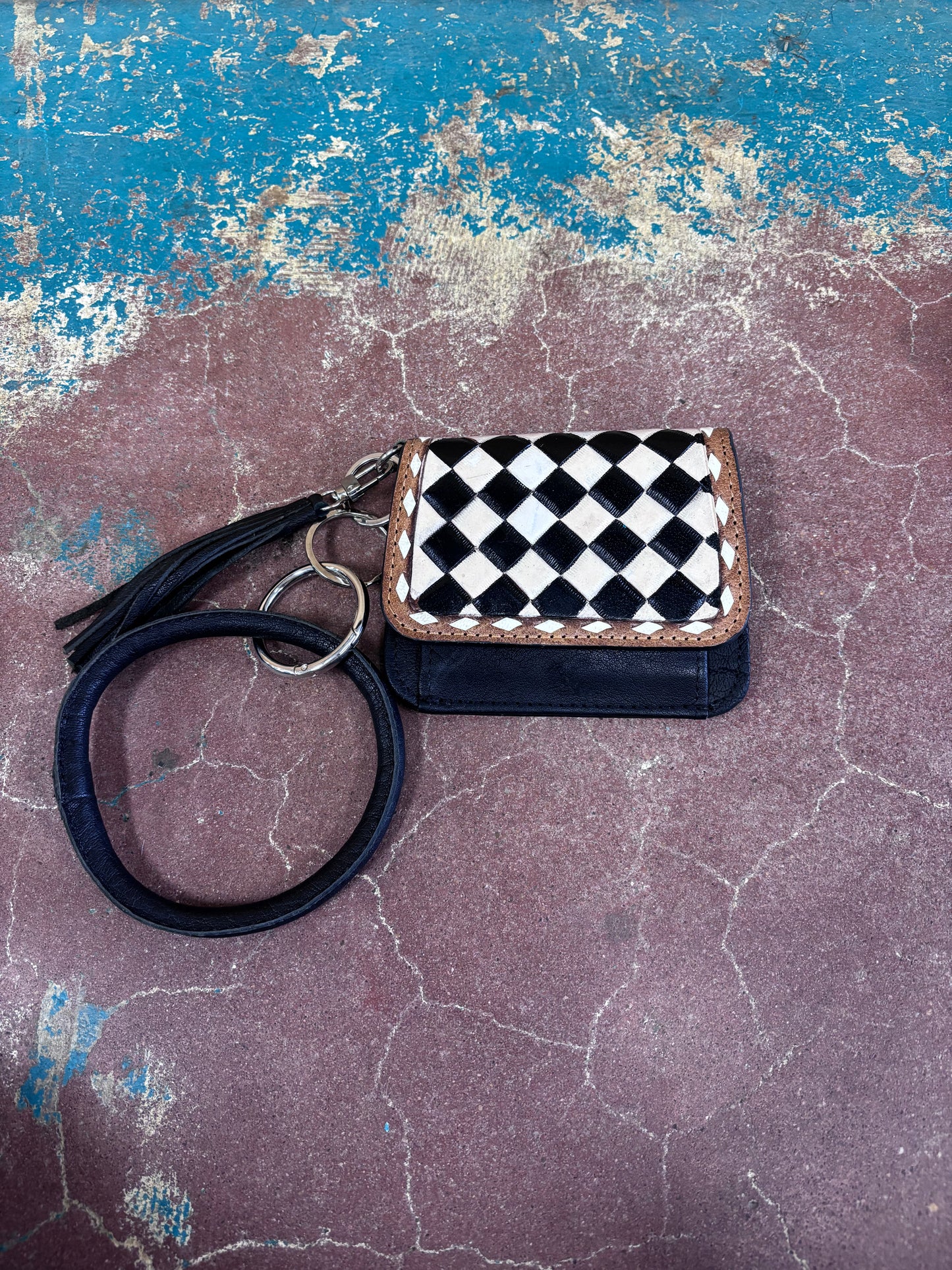 Black And White Checkered Key Ring Leather Wallet