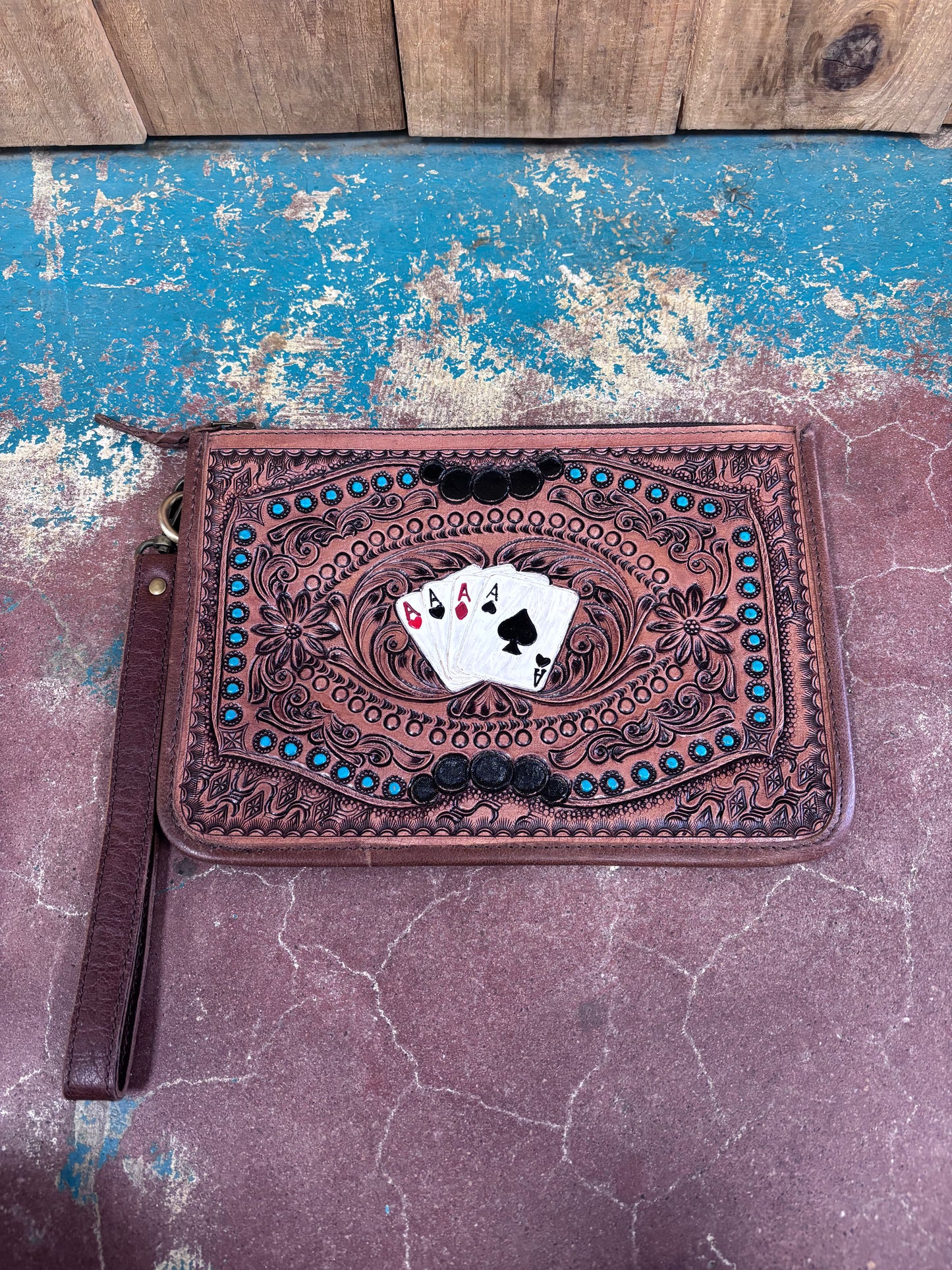 Suit Of Aces Tooled Leather Wristlet/Wallet