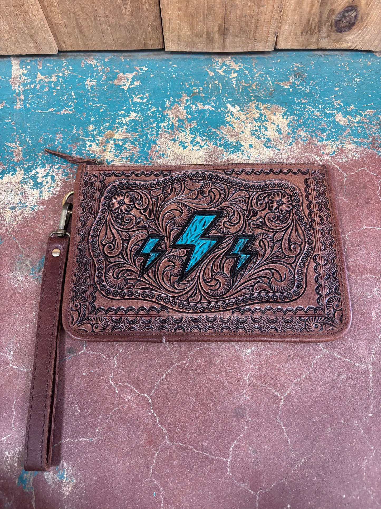 Turquoise Lightning Bolt Tooled Leather Wristlet/Wallet