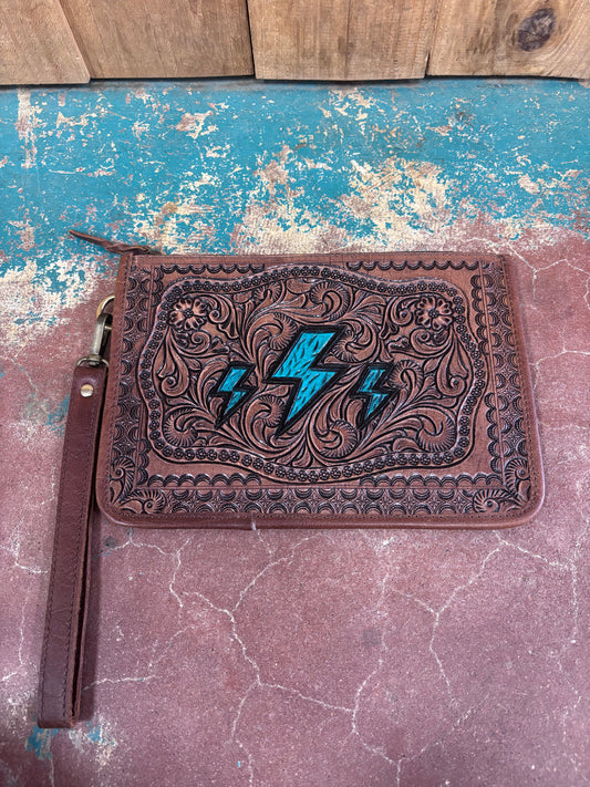 Turquoise Lightning Bolt Tooled Leather Wristlet/Wallet