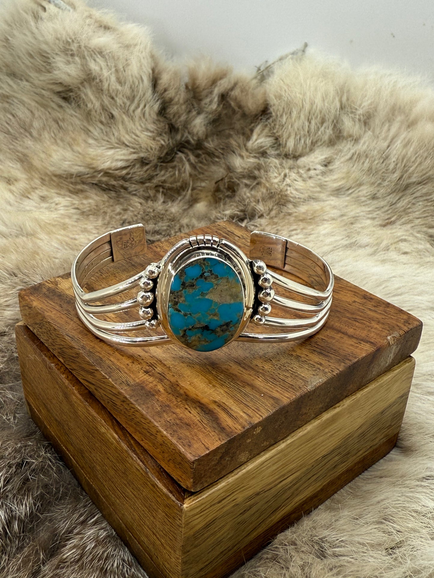 6" - 7" 4 Wire Chevron Cuff with Turquoise Stone by Harold Becenti, Navajo