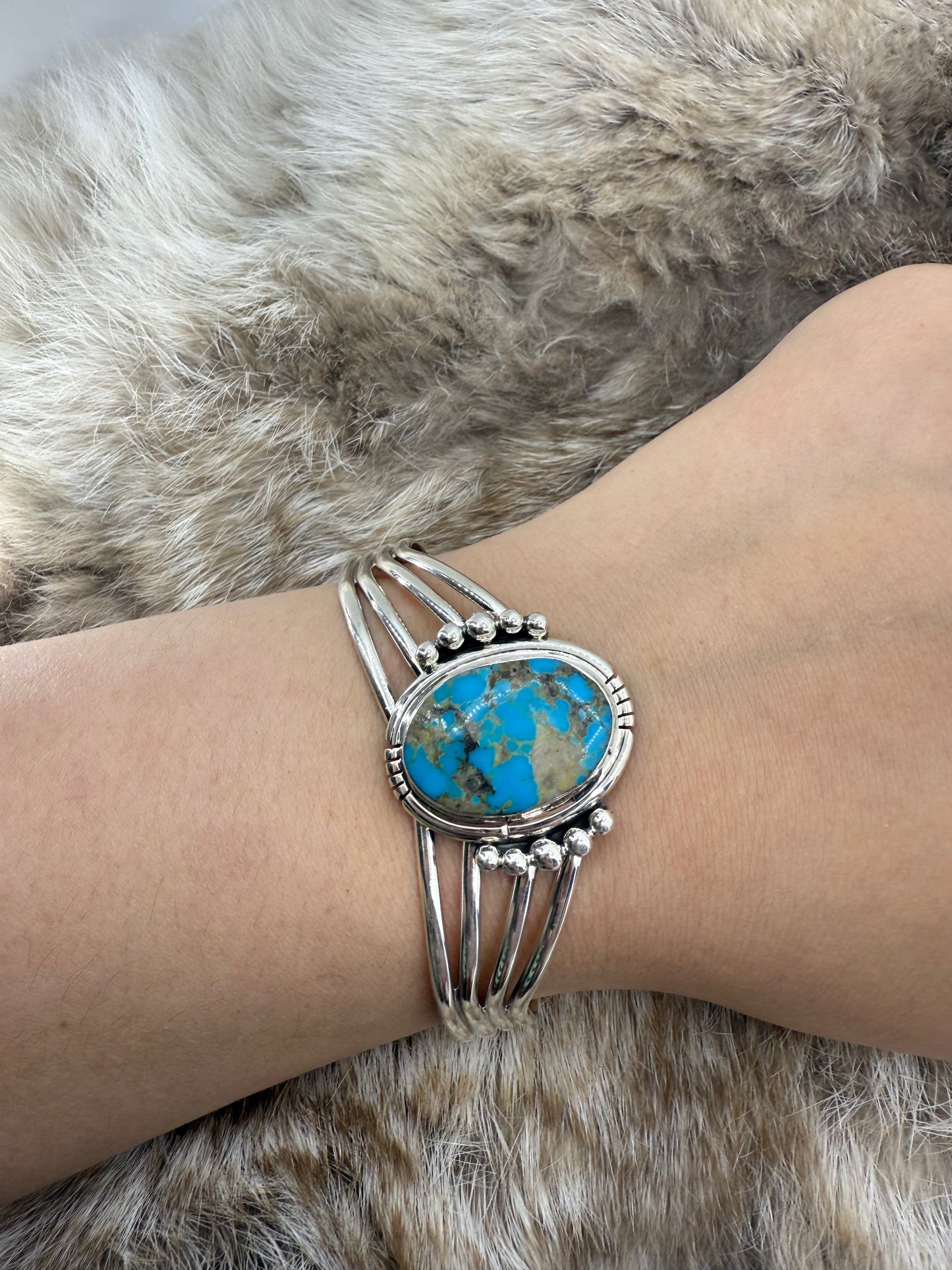 6" - 7" 4 Wire Chevron Cuff with Turquoise Stone by Harold Becenti, Navajo