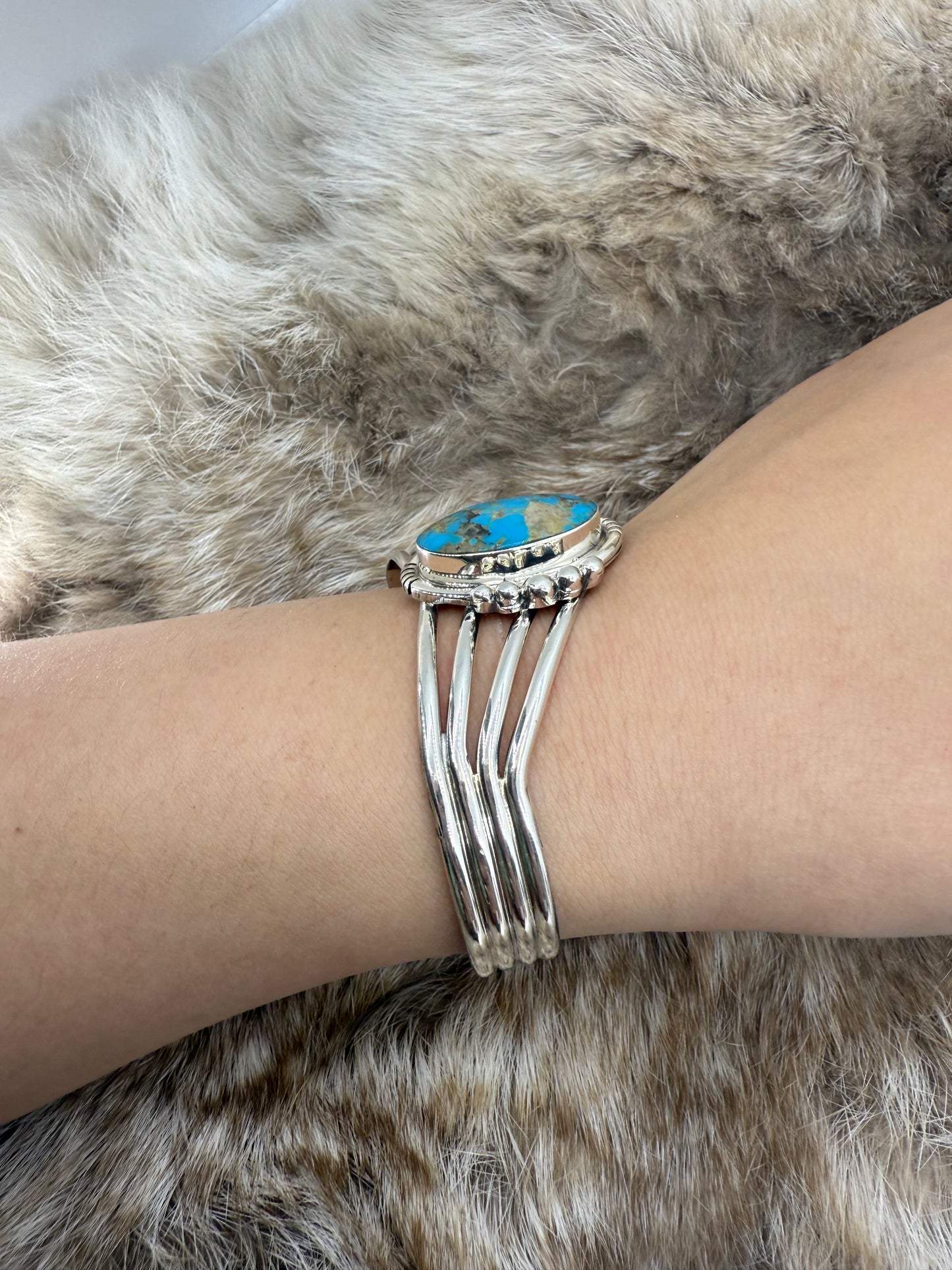 6" - 7" 4 Wire Chevron Cuff with Turquoise Stone by Harold Becenti, Navajo