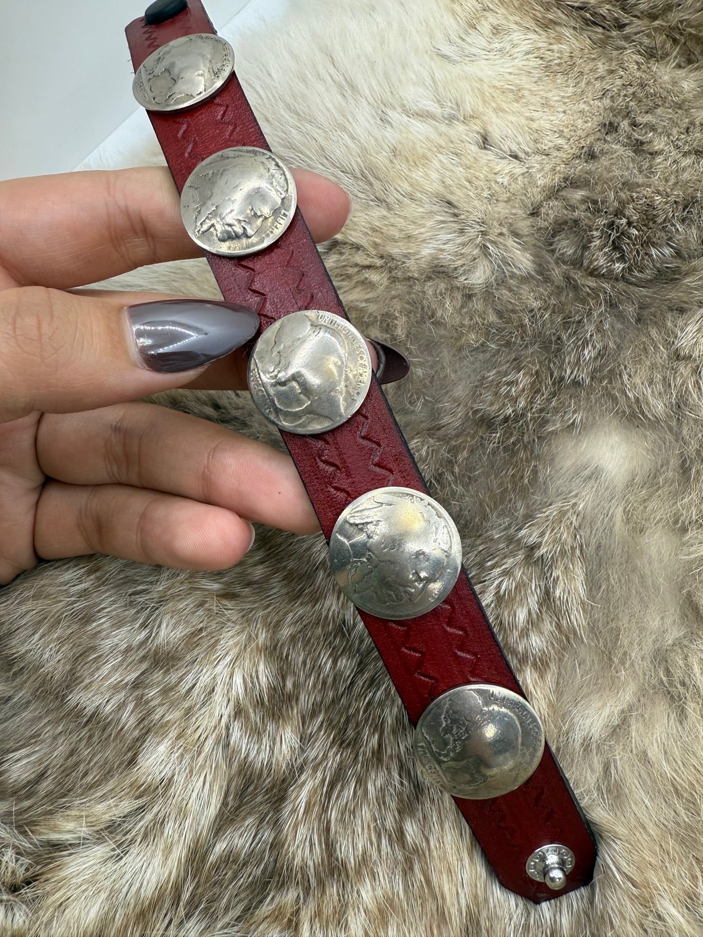 7 1/2" Buffalo Nickel Bracelet on Red Leather Snap Closure