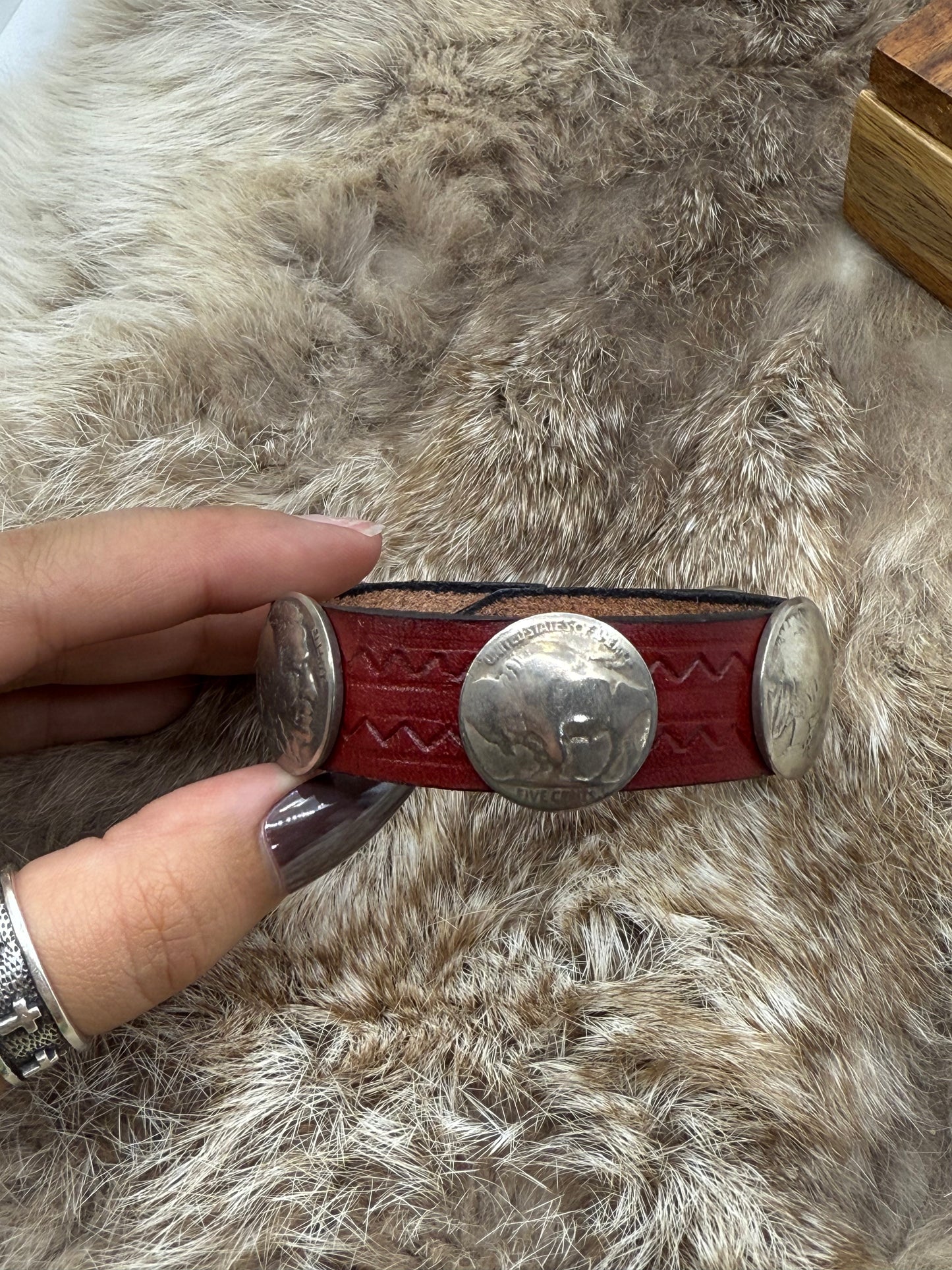 7 1/2" Buffalo Nickel Bracelet on Red Leather Snap Closure