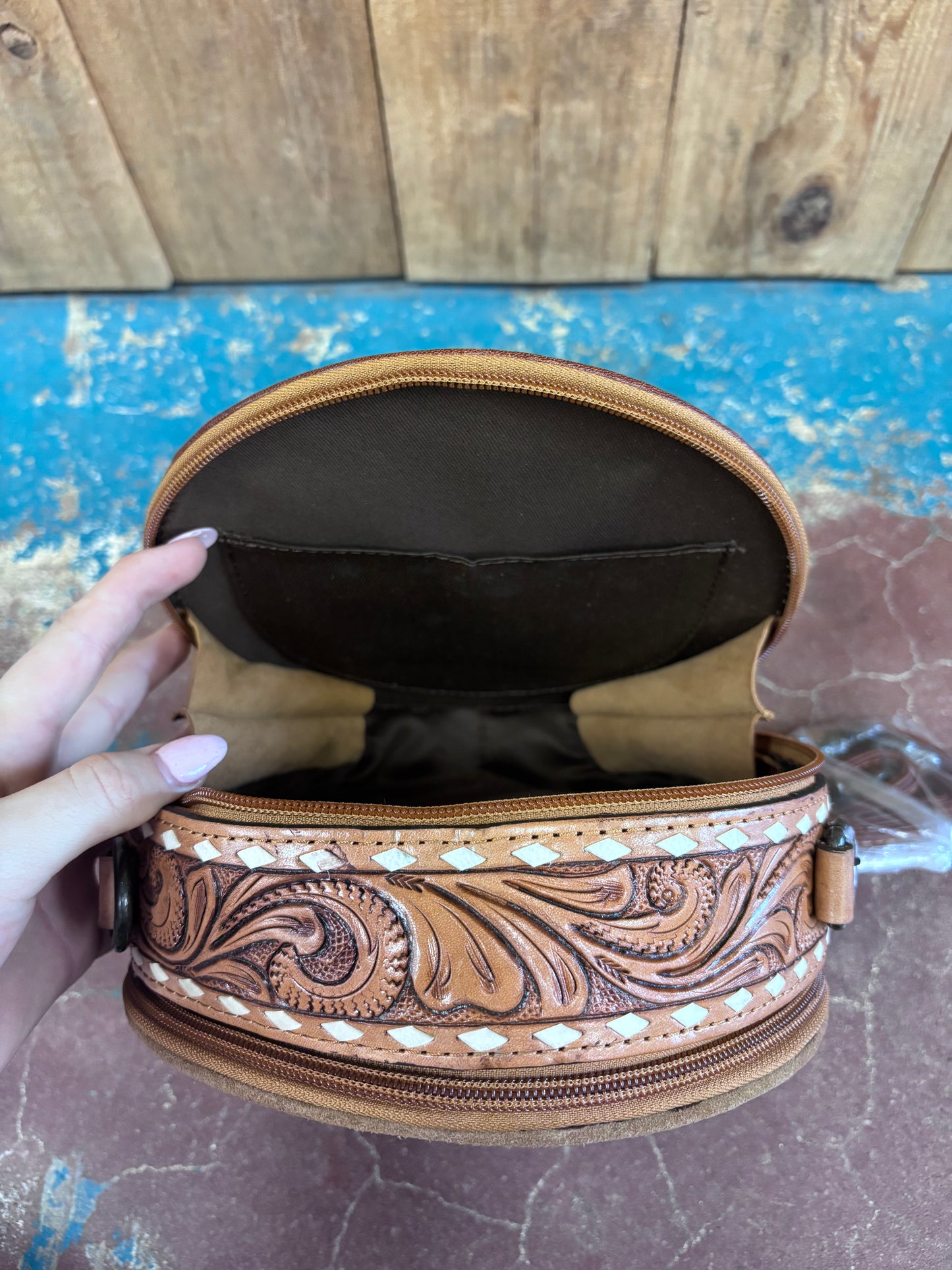 Suede Boot Stitched Leather Canteen Purse