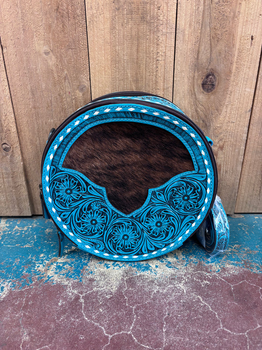 Turquoise Tooled Brown Cowhide Canteen Leather Purse