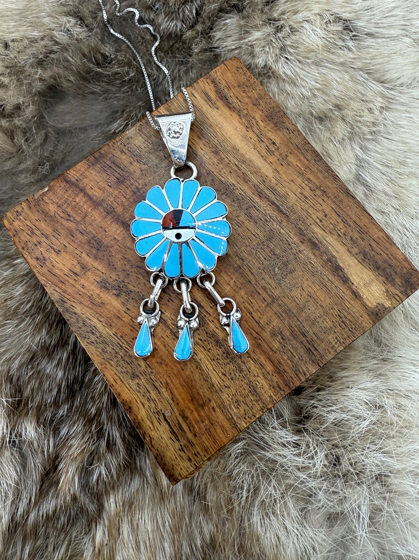 Inlay Zuni Sunface Pendant on 18" Chain by Burdain Soseeah, Zuni