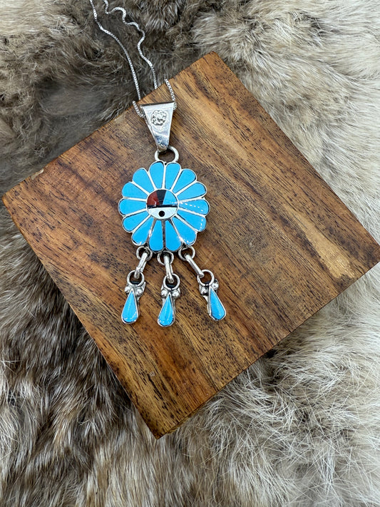 Inlay Zuni Sunface Pendant on 18" Chain by Burdain Soseeah, Zuni