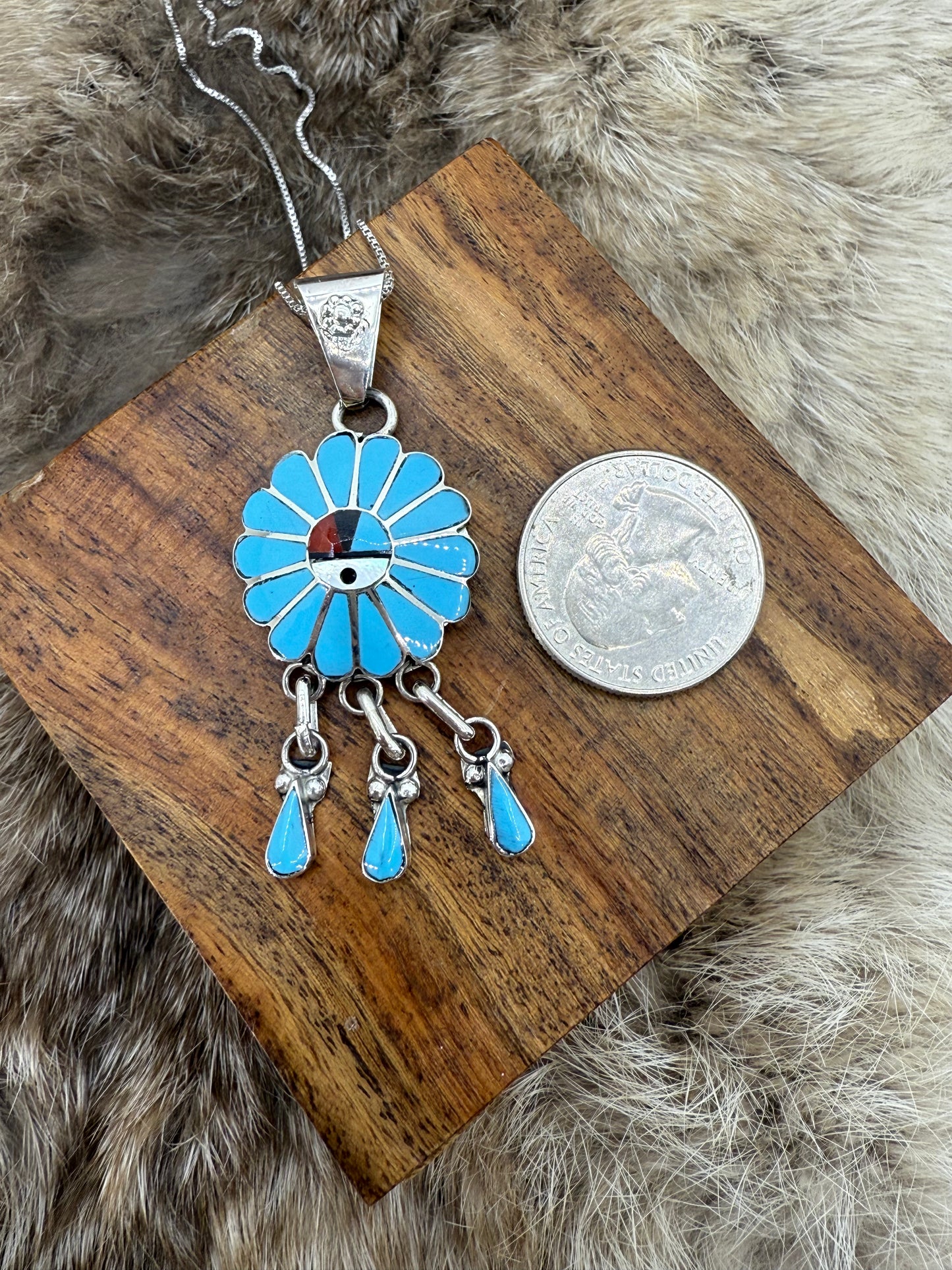 Inlay Zuni Sunface Pendant on 18" Chain by Burdain Soseeah, Zuni
