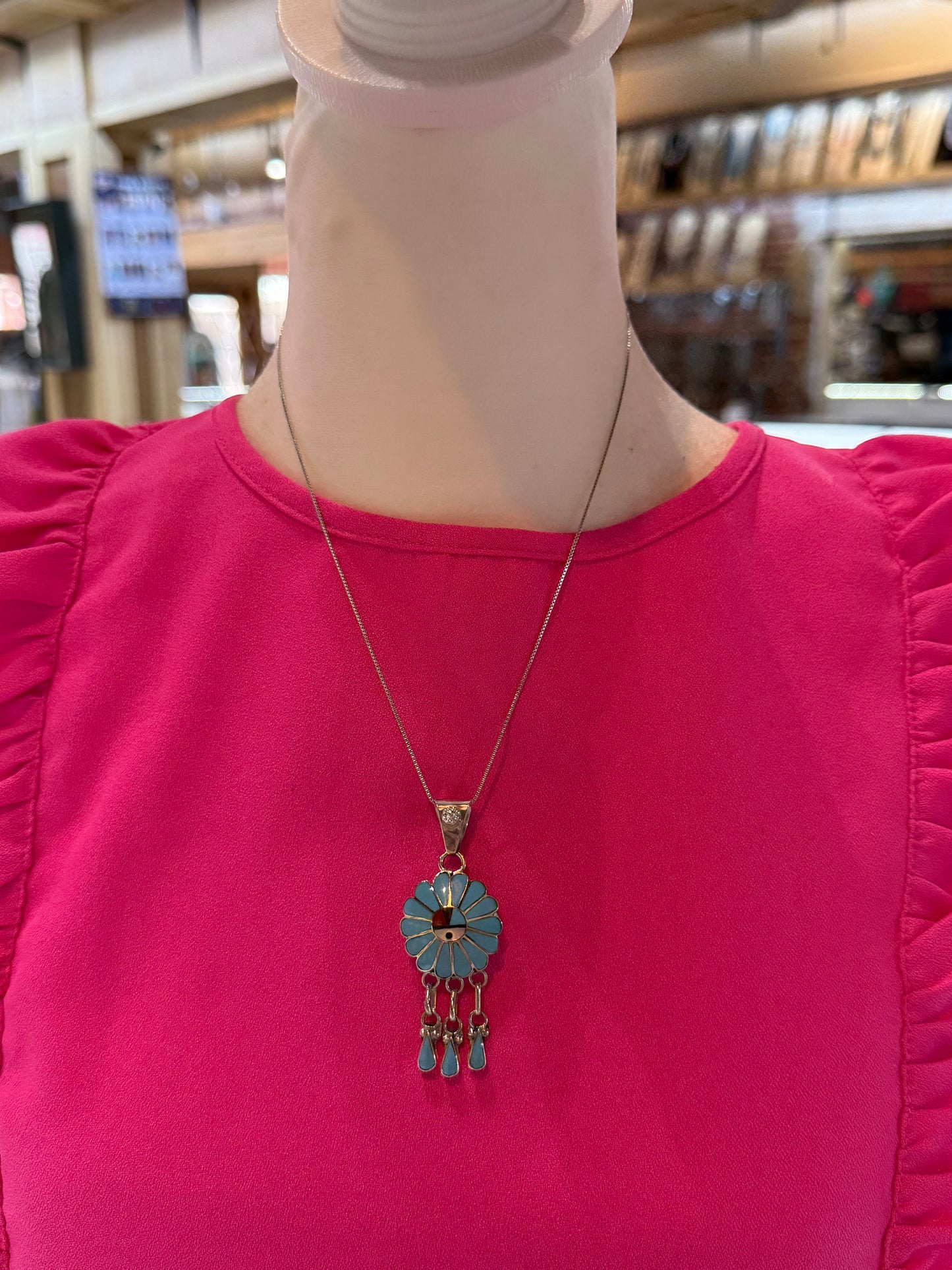 Inlay Zuni Sunface Pendant on 18" Chain by Burdain Soseeah, Zuni