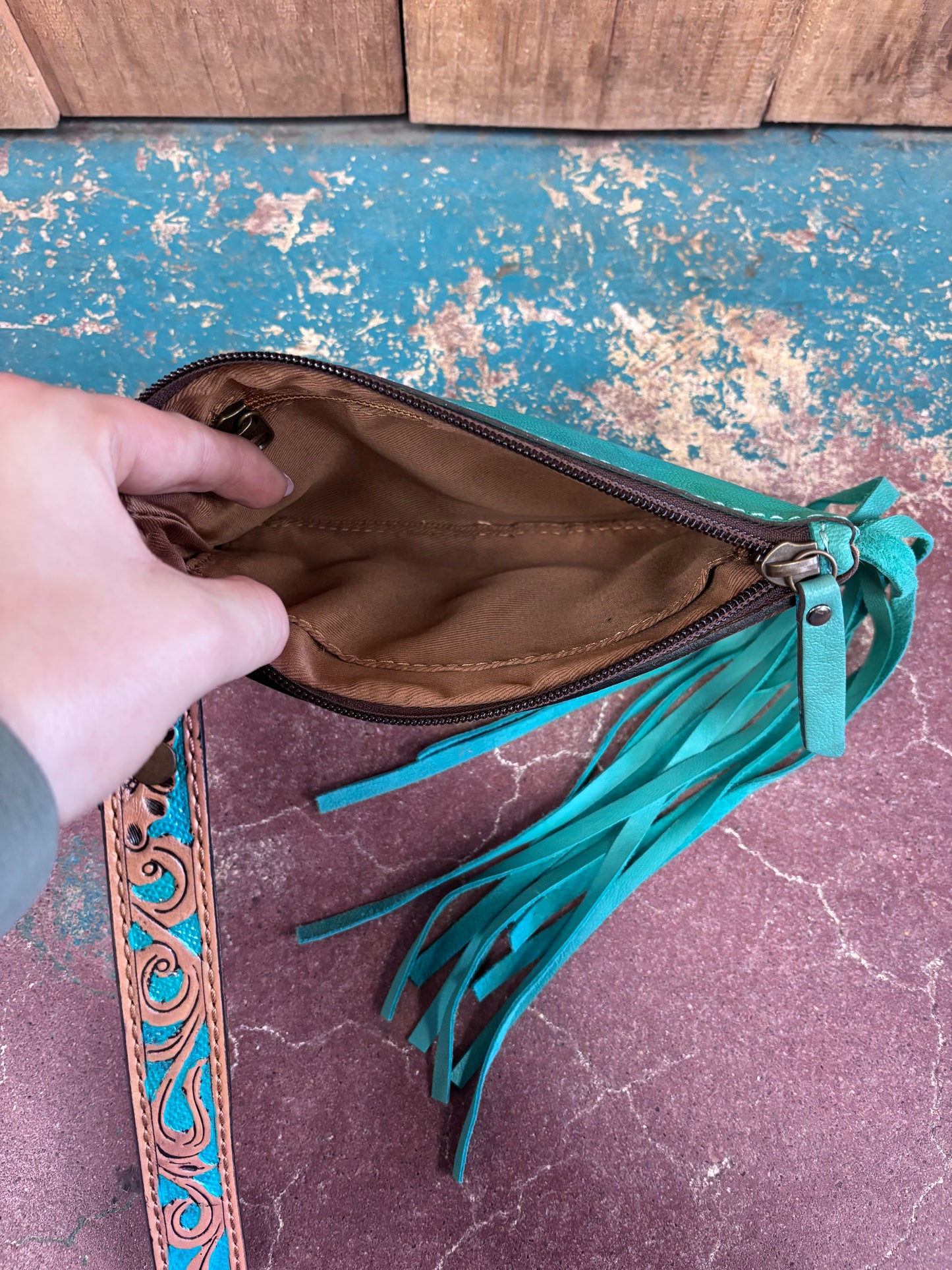 Cowhide Turquoise Fringe Leather Wristlet/Wallet