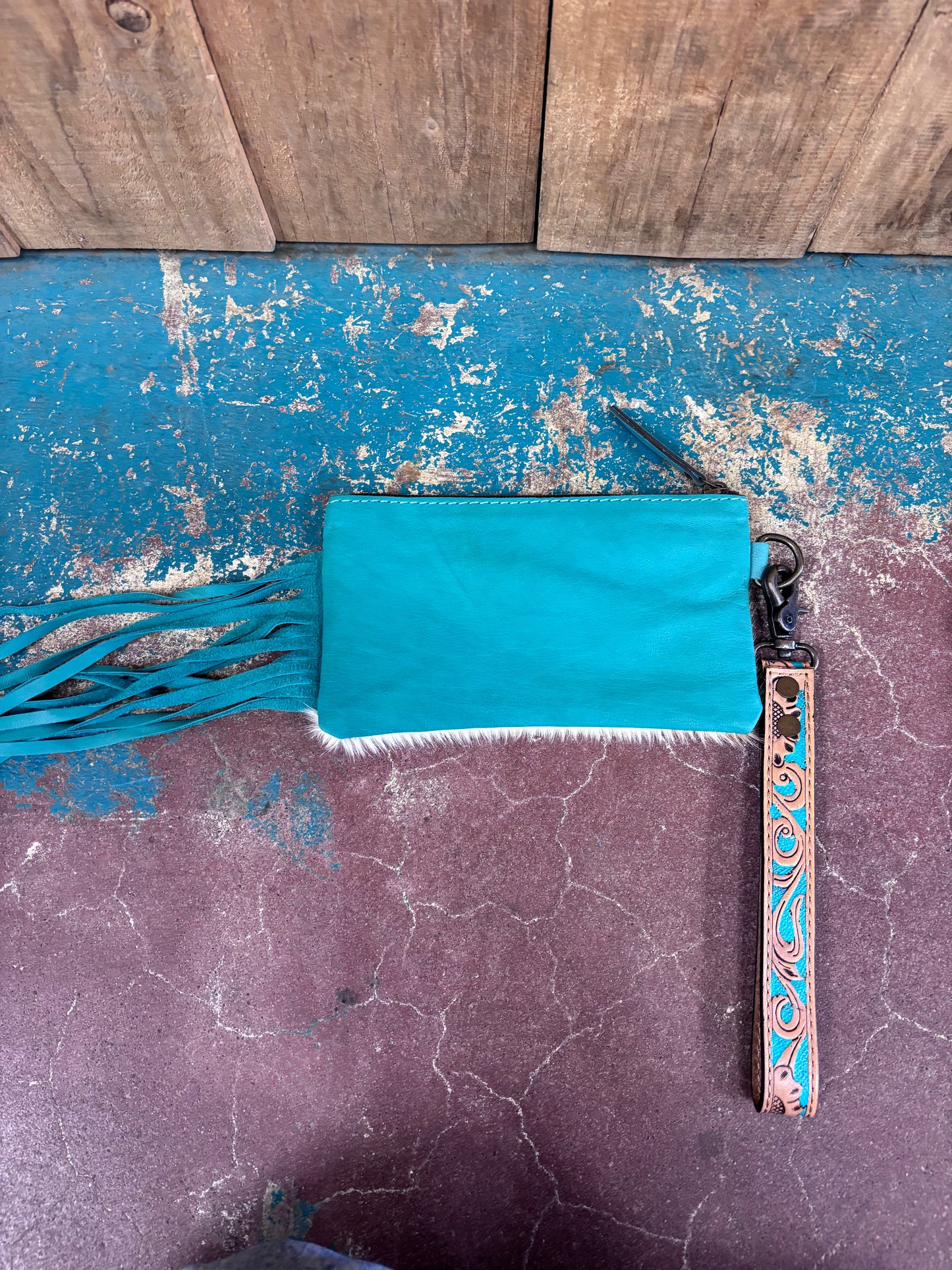 Cowhide Turquoise Fringe Leather Wristlet/Wallet