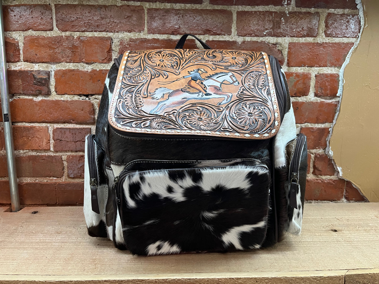 Cowgirl on White Horse Leather and Cow Hide Backpack