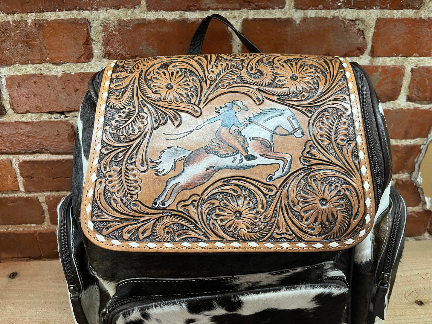 Cowgirl on White Horse Leather and Cow Hide Backpack