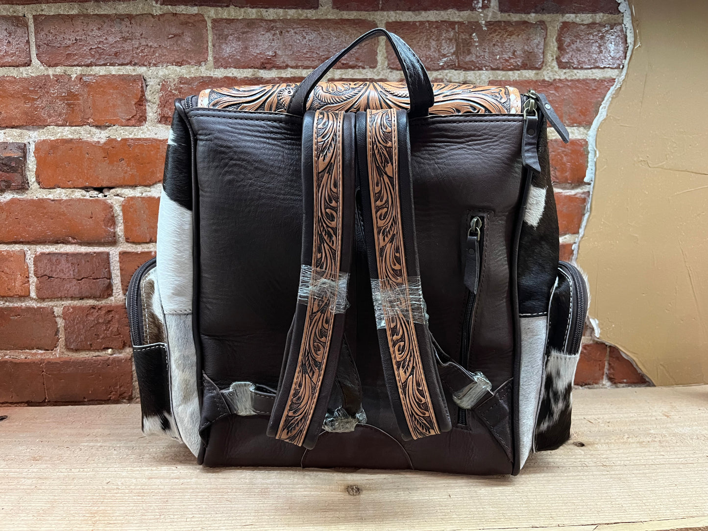 Cowgirl on White Horse Leather and Cow Hide Backpack