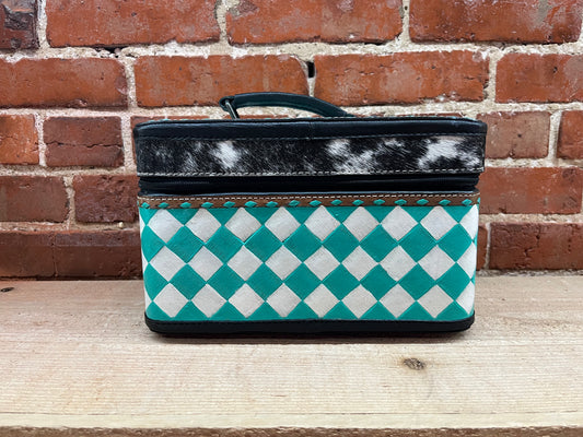 White and Teal Checkered Leather and Cowhide Jewelry Box