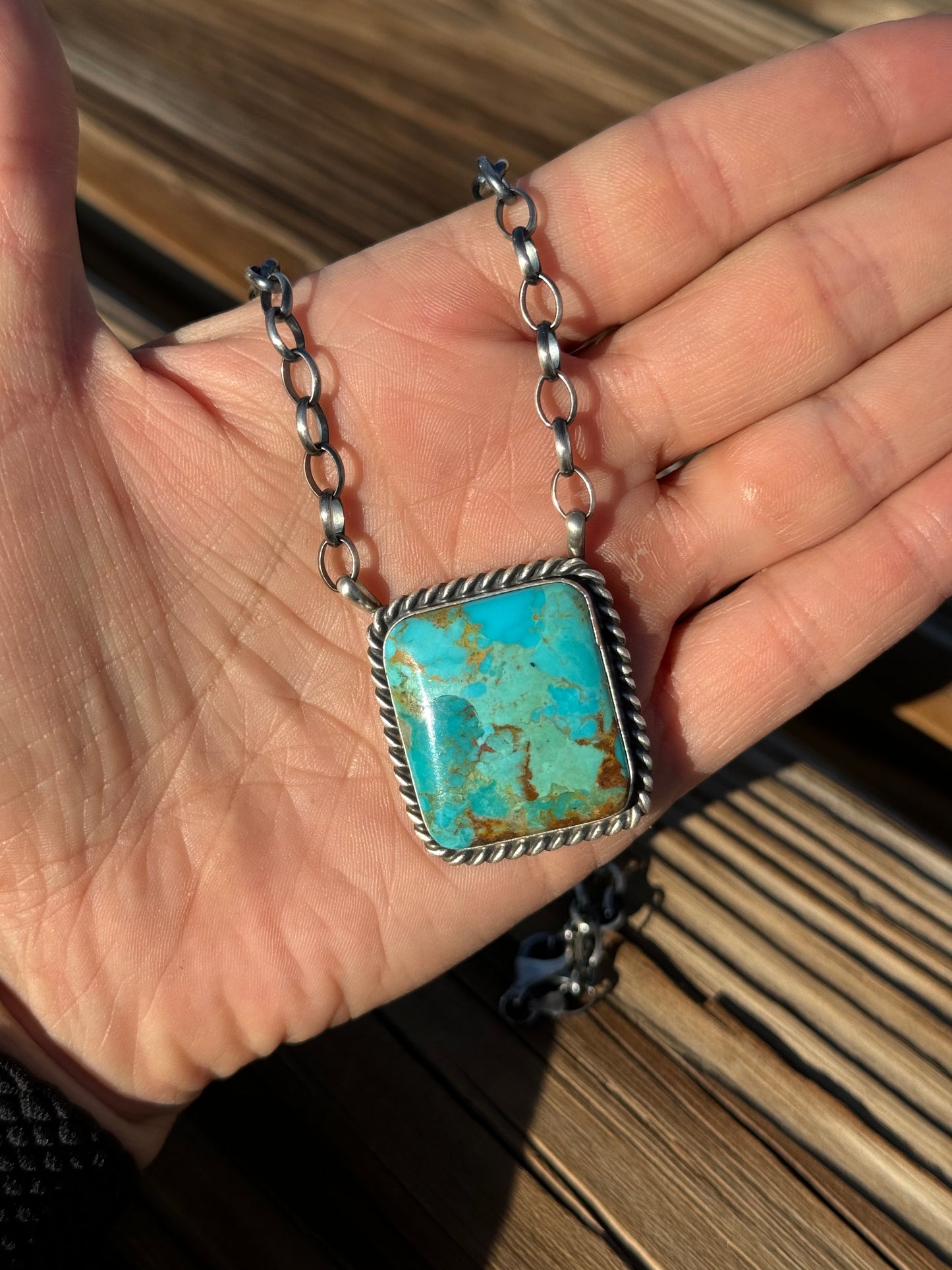18" Square Kingman Turquoise Bar Necklace by Augustine Largo, Navajo