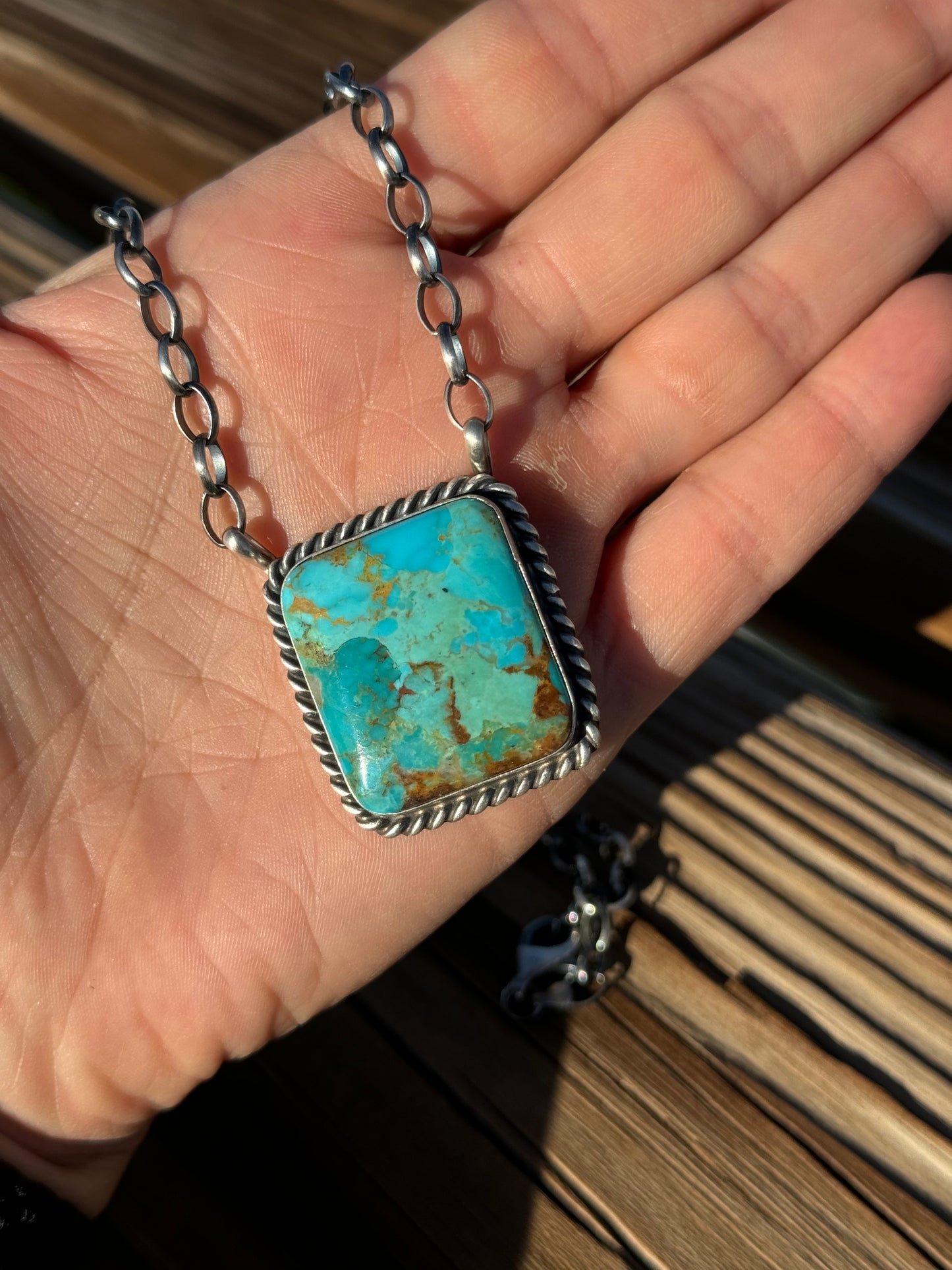 18" Square Kingman Turquoise Bar Necklace by Augustine Largo, Navajo