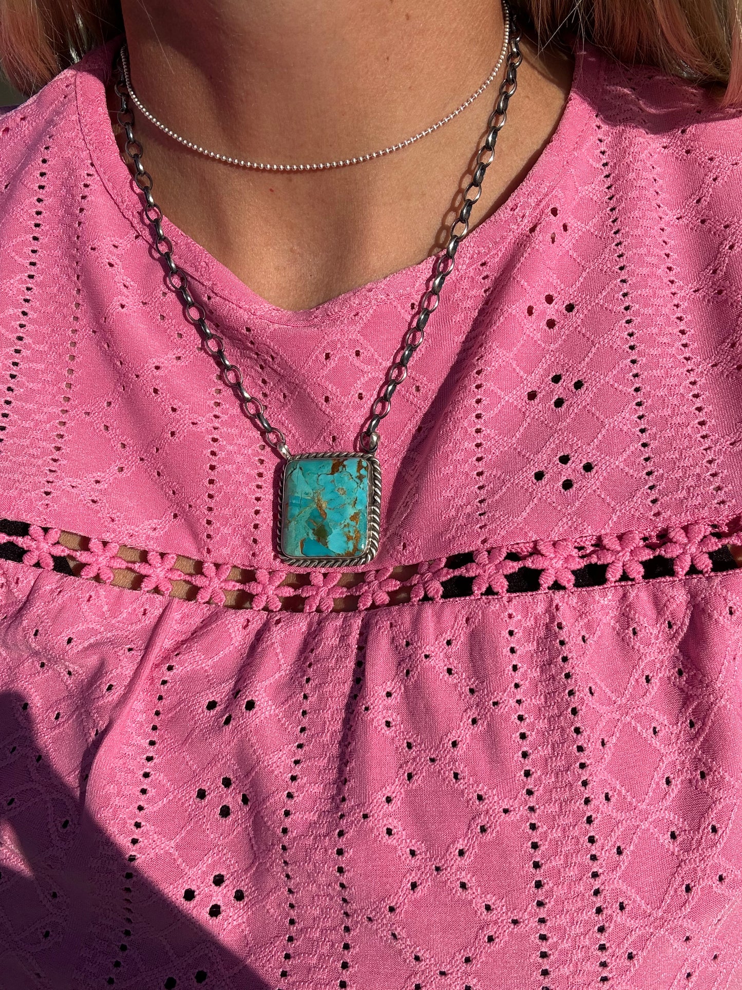 18" Square Kingman Turquoise Bar Necklace by Augustine Largo, Navajo