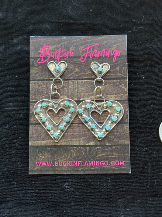Turquoise Heart Post Dangle Earrings by Joanne Cheama, Zuni
