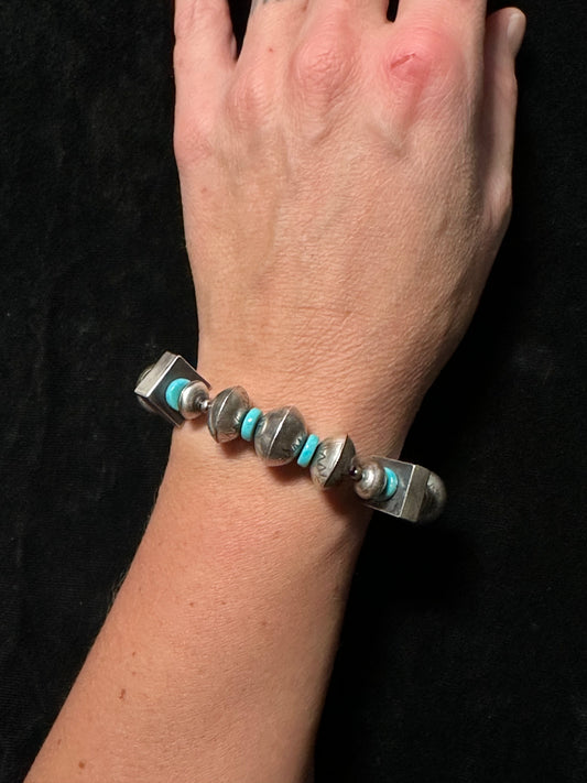 6 1/2” 14mm Silver and Turquoise Handmade Navajo Pearl Bracelet by Sharon Nez, Navajo