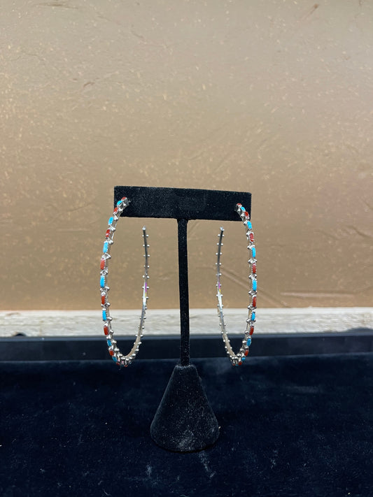 Zuni Turquoise and Coral Hoop Earrings