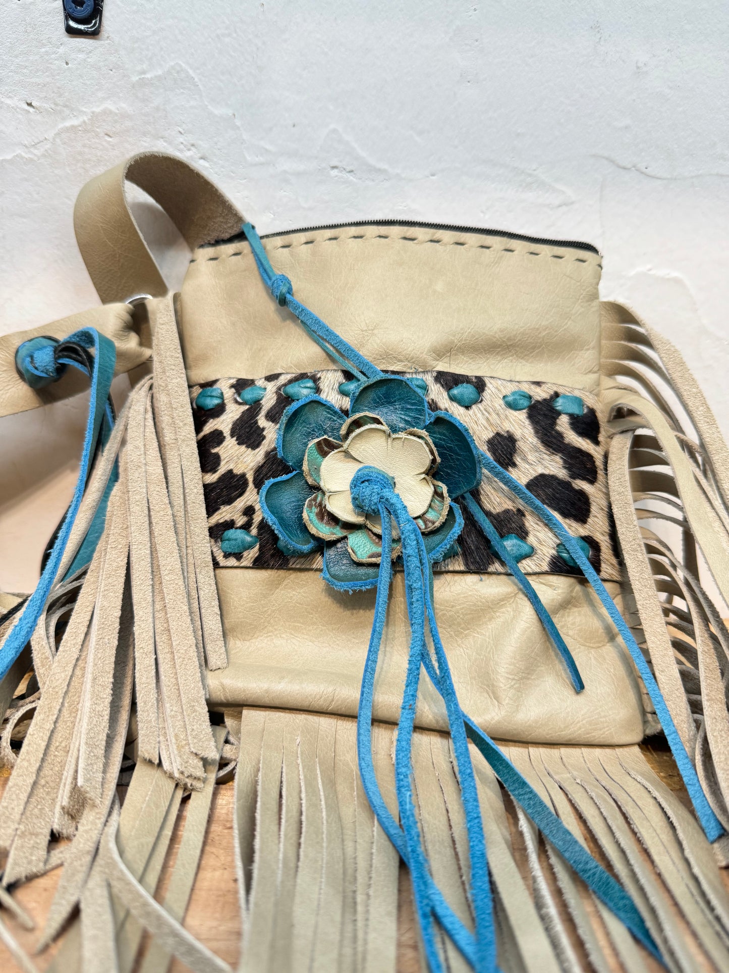 Leather Purse with Turquoise Flowers and Leopard Accent