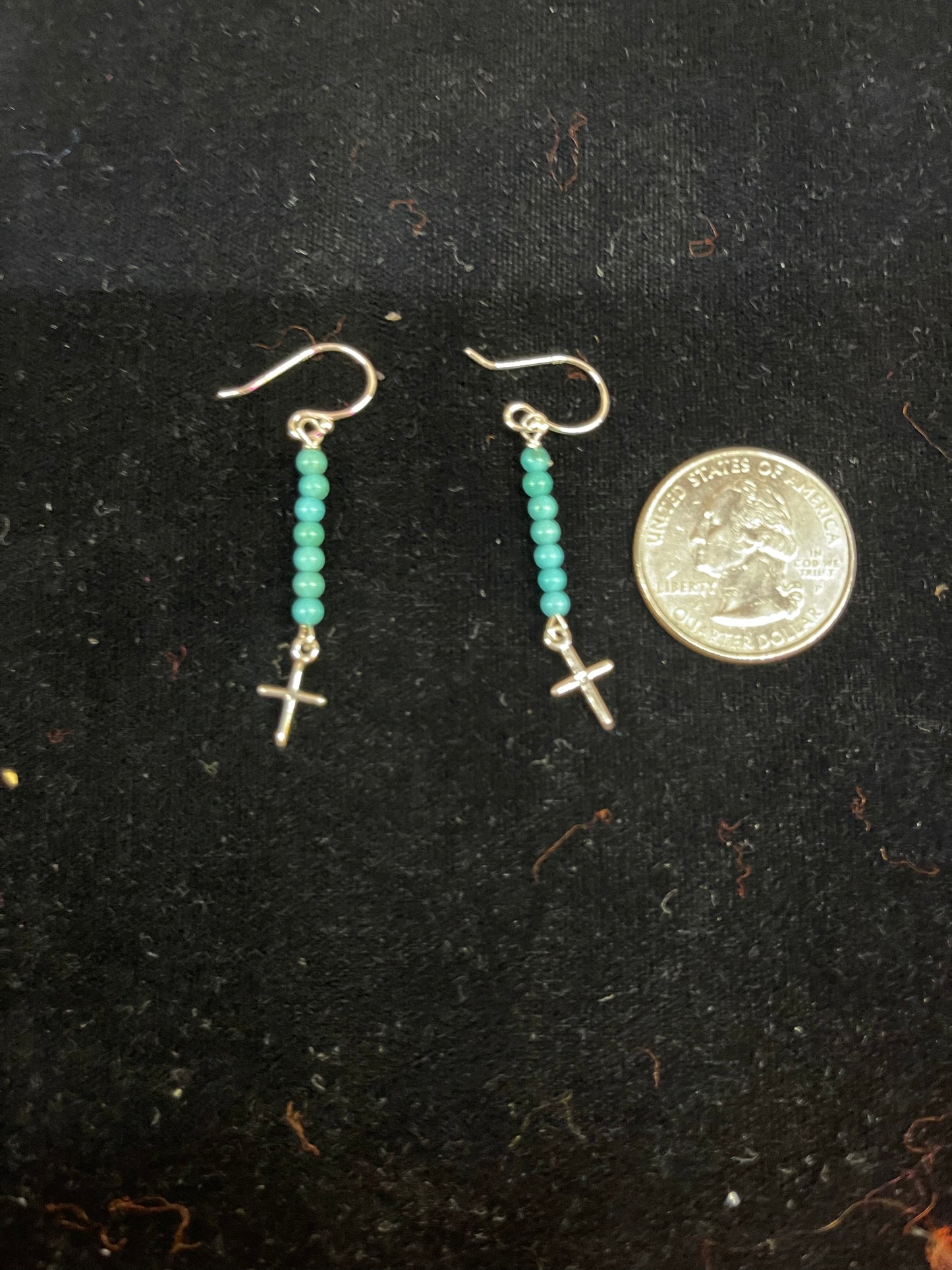 Turquoise Seed Bead and Silver Cross Earrings