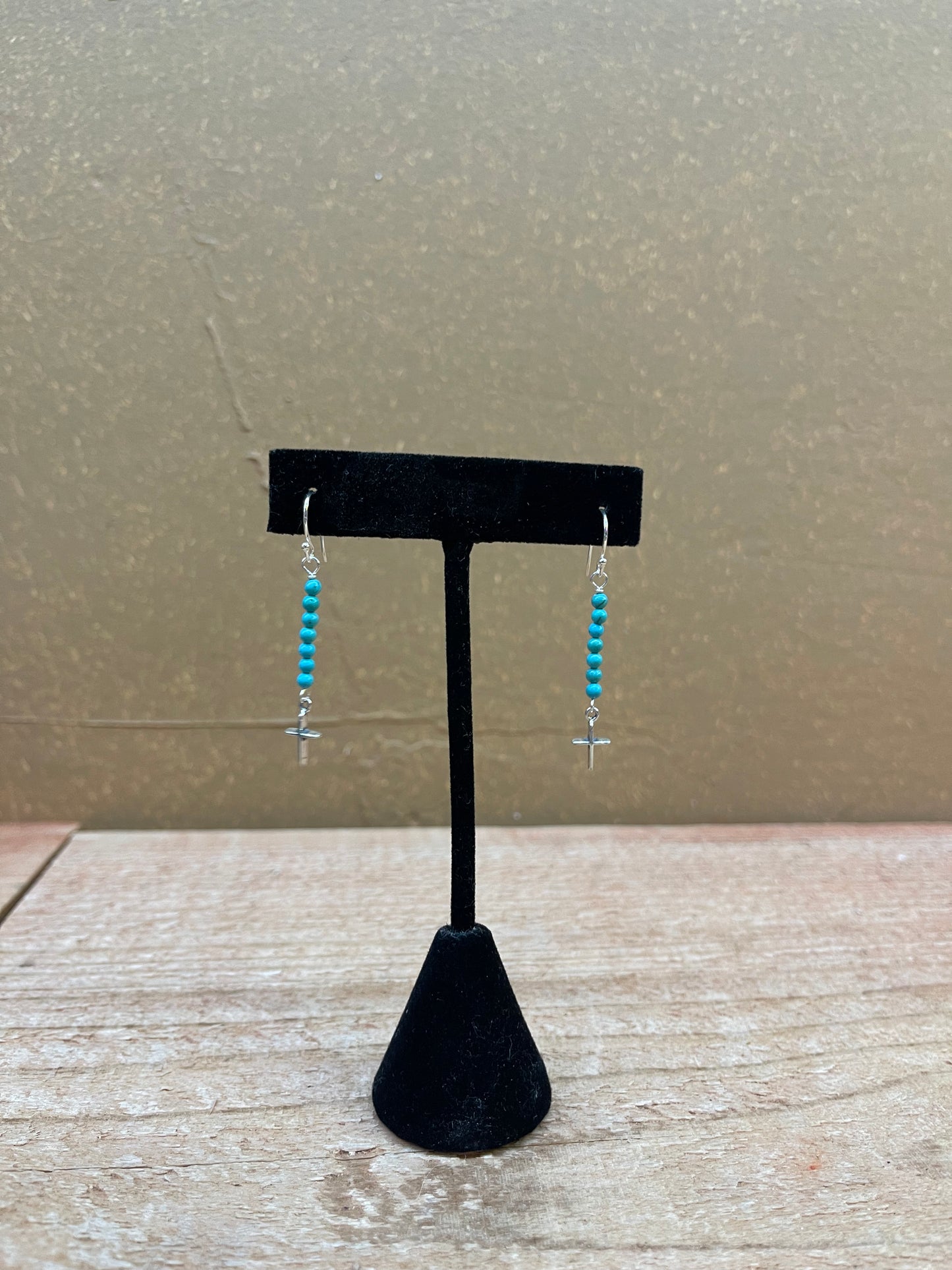 Turquoise Seed Bead and Silver Cross Earrings