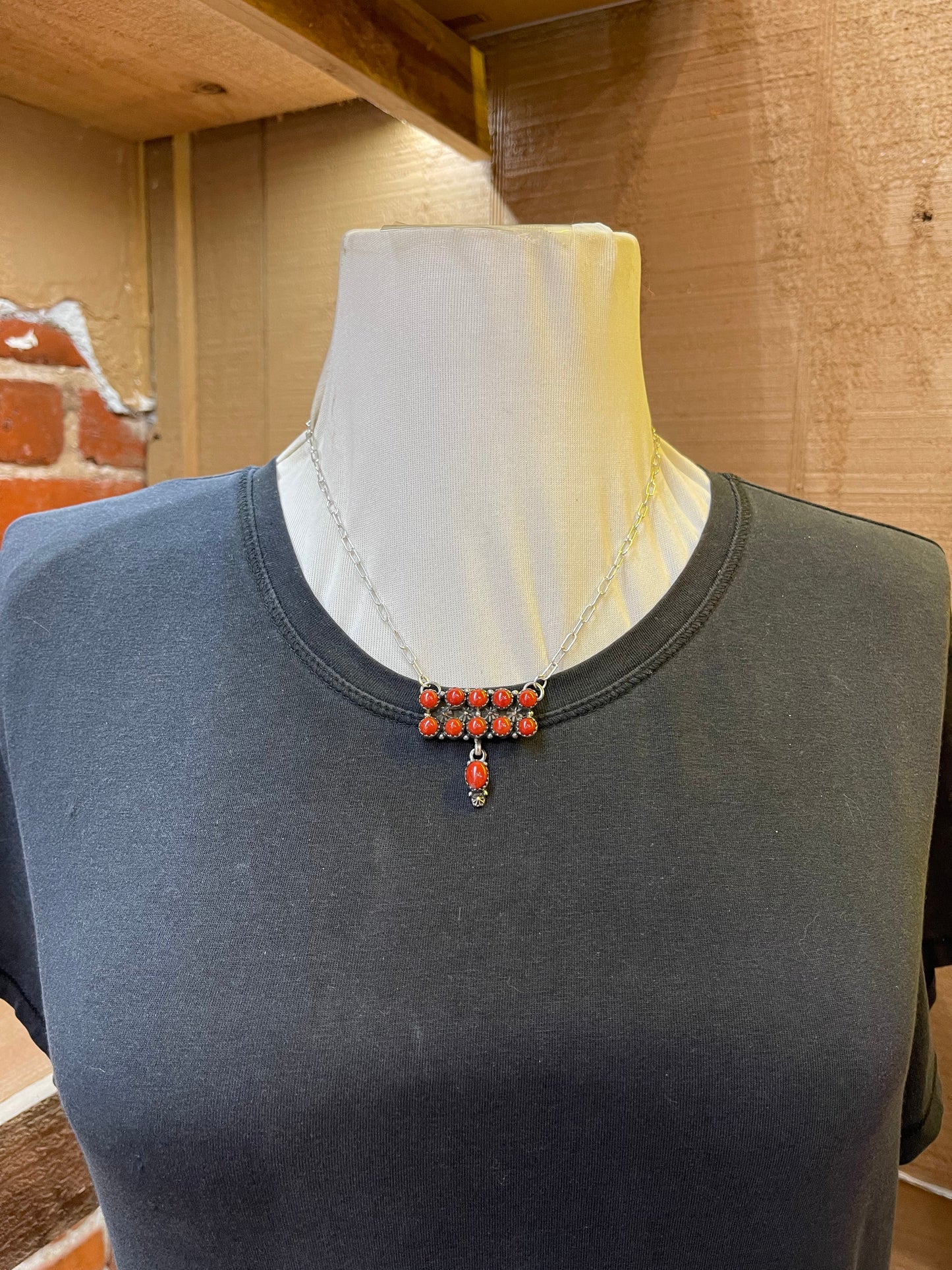 10-Stone Red Coral Bar Necklace