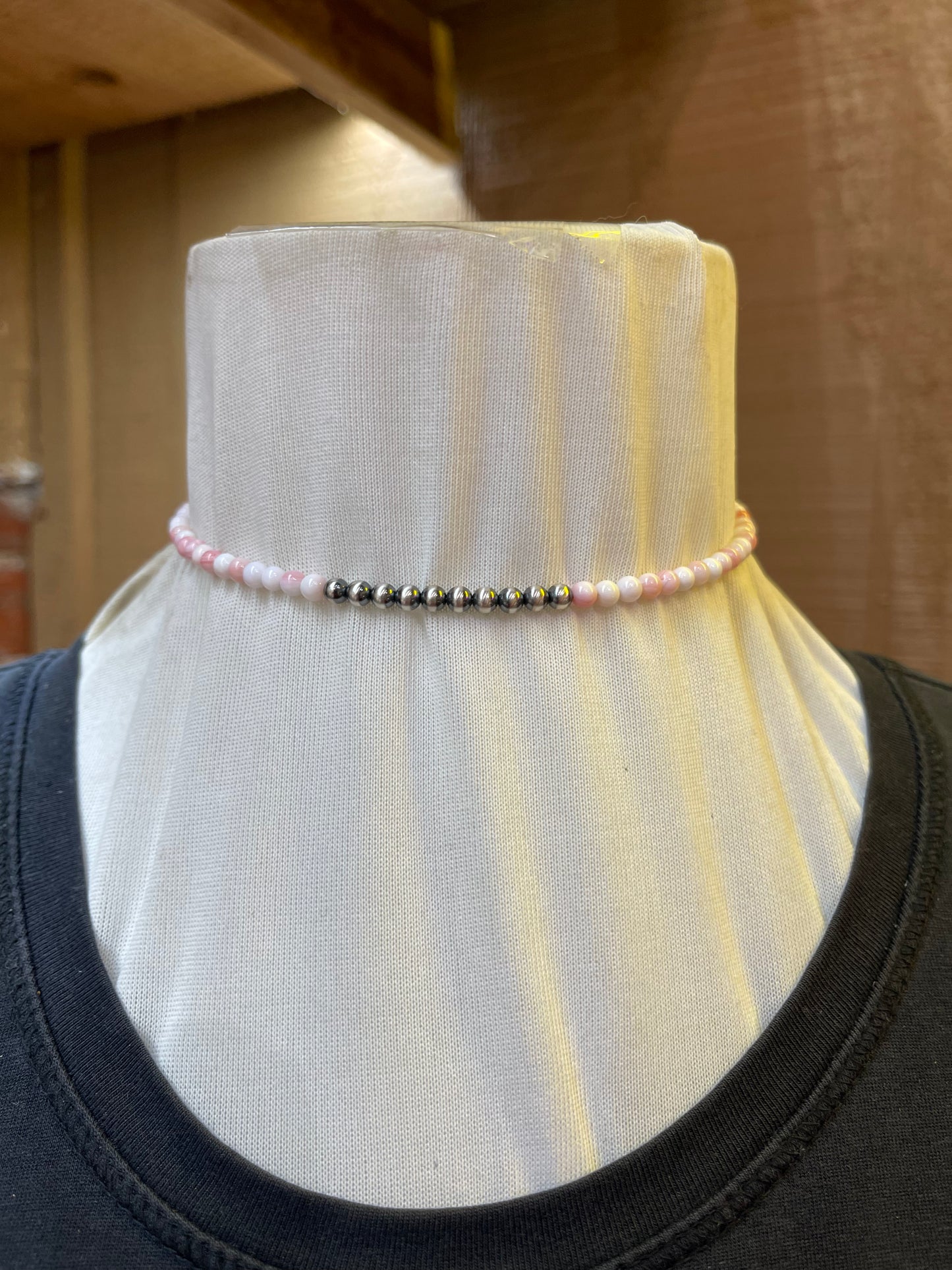 Pink Conch Shell and Navajo Pearl Memory Wire Choker