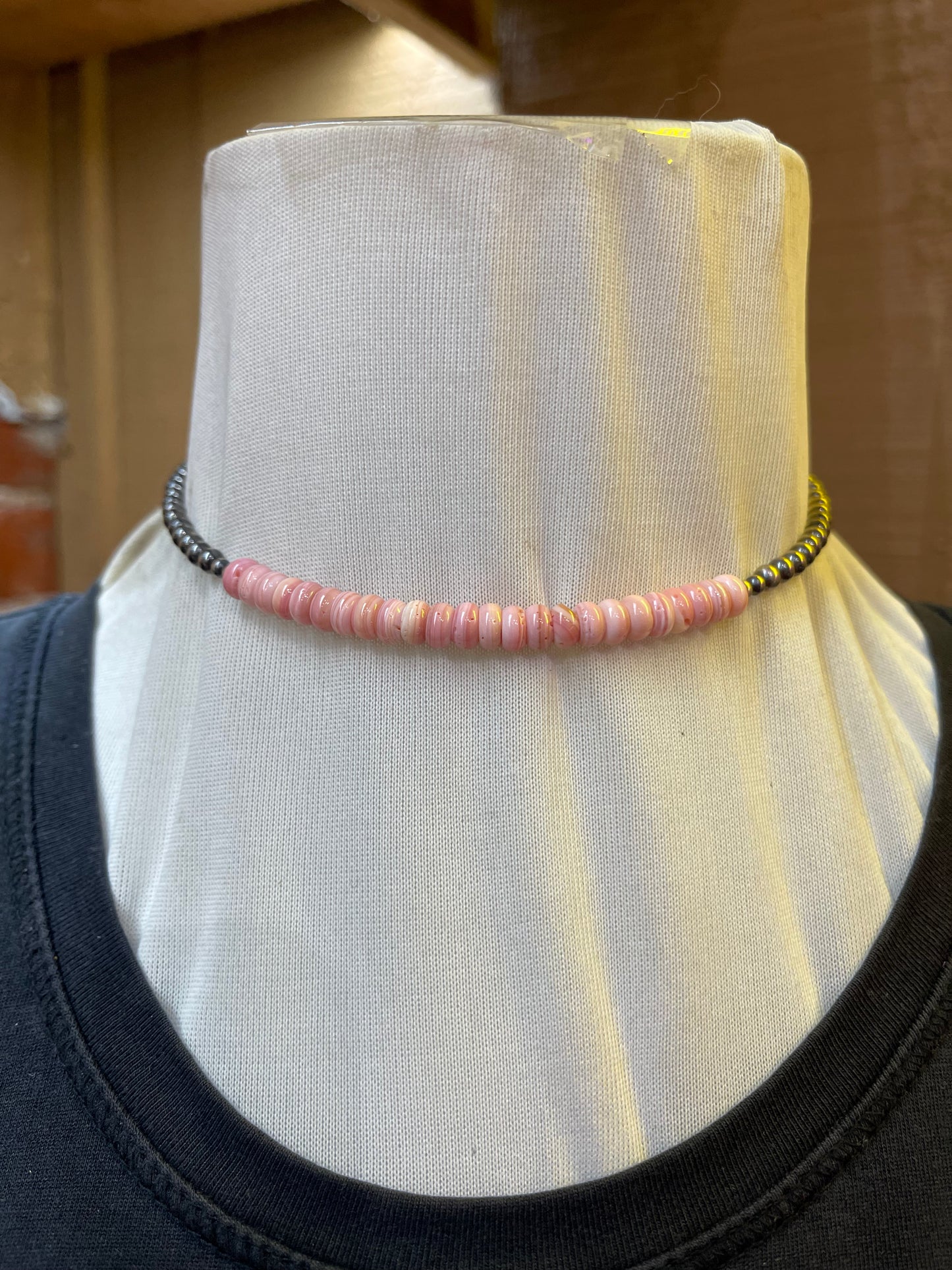 Pink Conch Shell and Navajo Pearl Memory Wire Choker