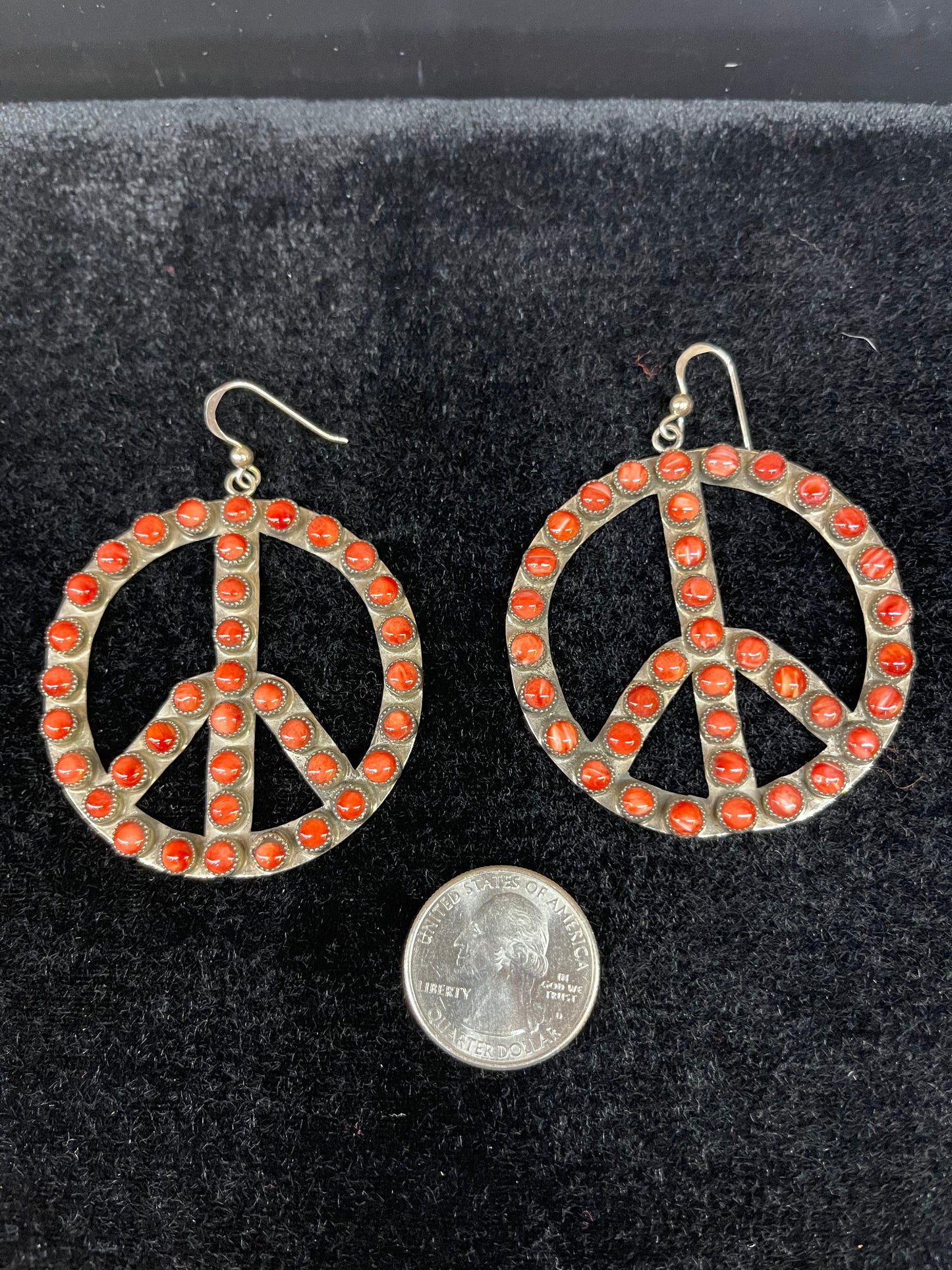 Red Spiny Oyster Peace Sign Dangle Earrings