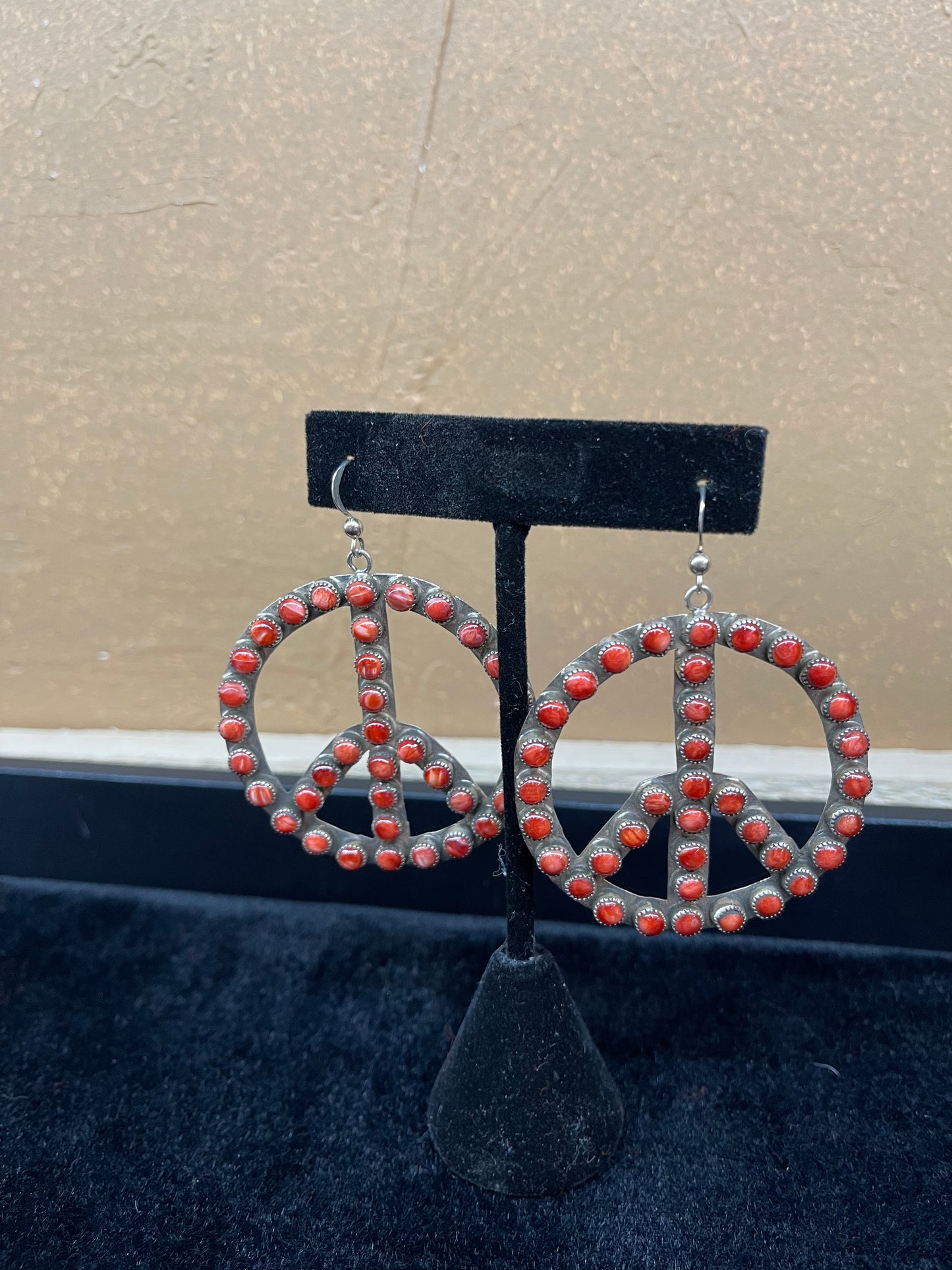 Red Spiny Oyster Peace Sign Dangle Earrings