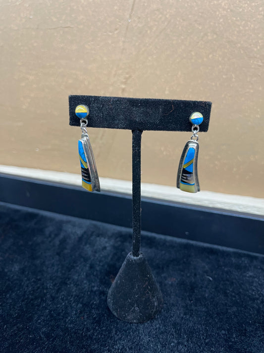 Mop Turquoise Dangle Earrings Aztec Pattern