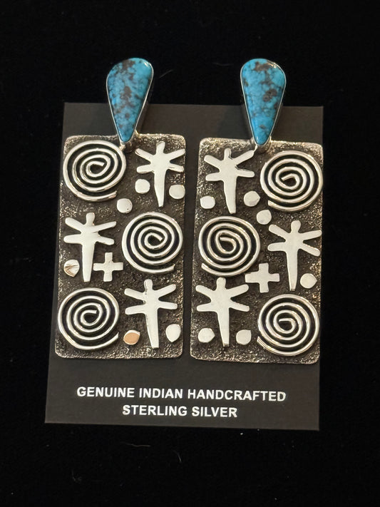 Big Rectangle Petroglyph Earrings with Teardrop Turquoise by Alex Sanchez, Navajo