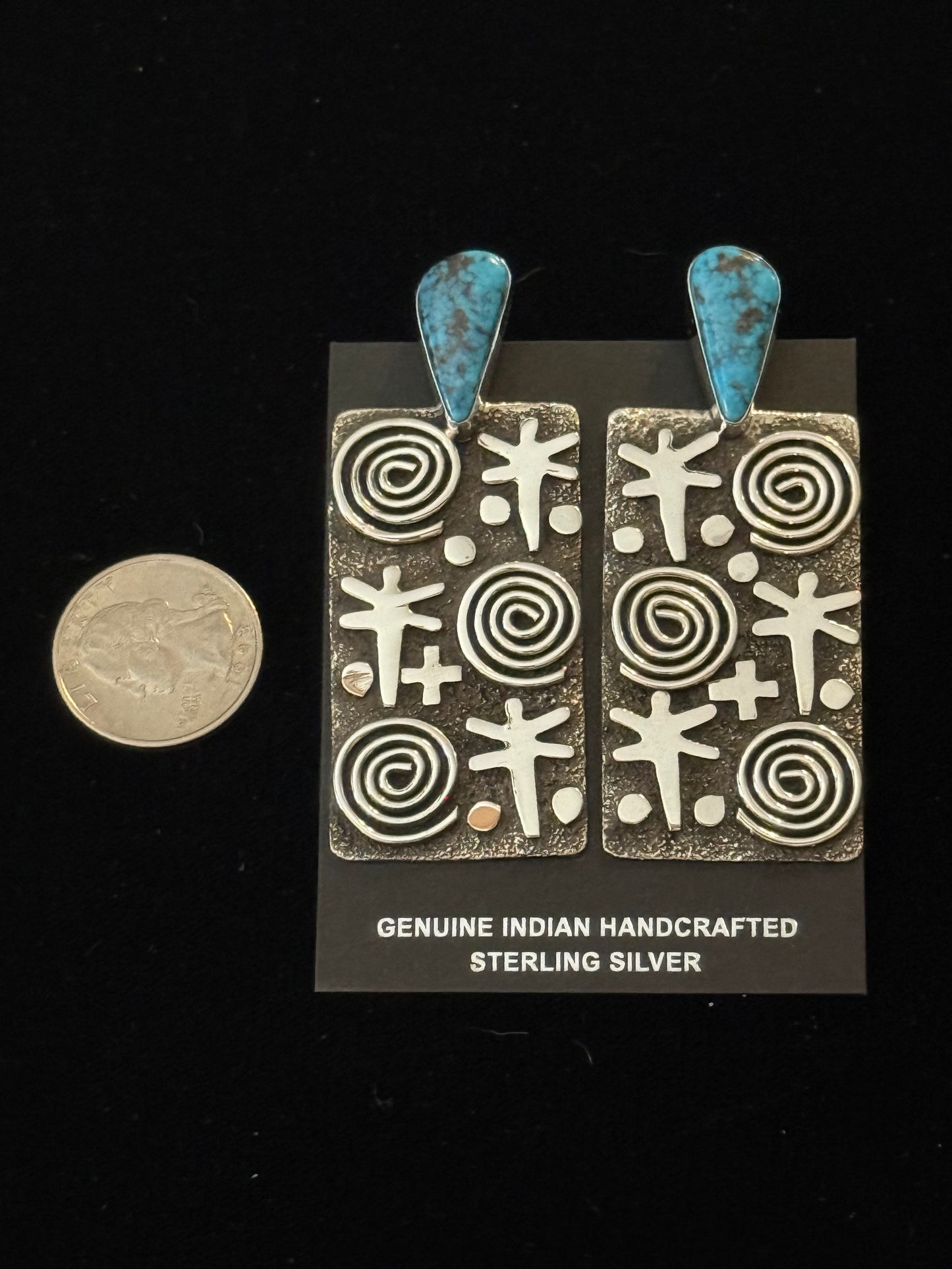 Big Rectangle Petroglyph Earrings with Teardrop Turquoise by Alex Sanchez, Navajo