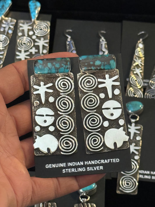 Big Rectangle Petroglyph Earrings with Rectangle Turquoise by Alex Sanchez, Navajo
